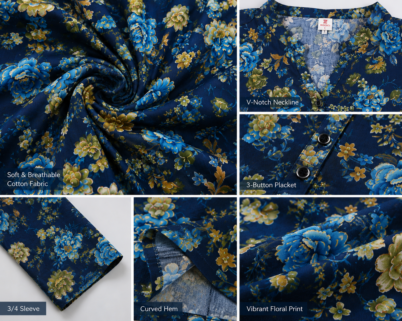 Women's Navy Blue Floral Printed Short Kurt - 27200