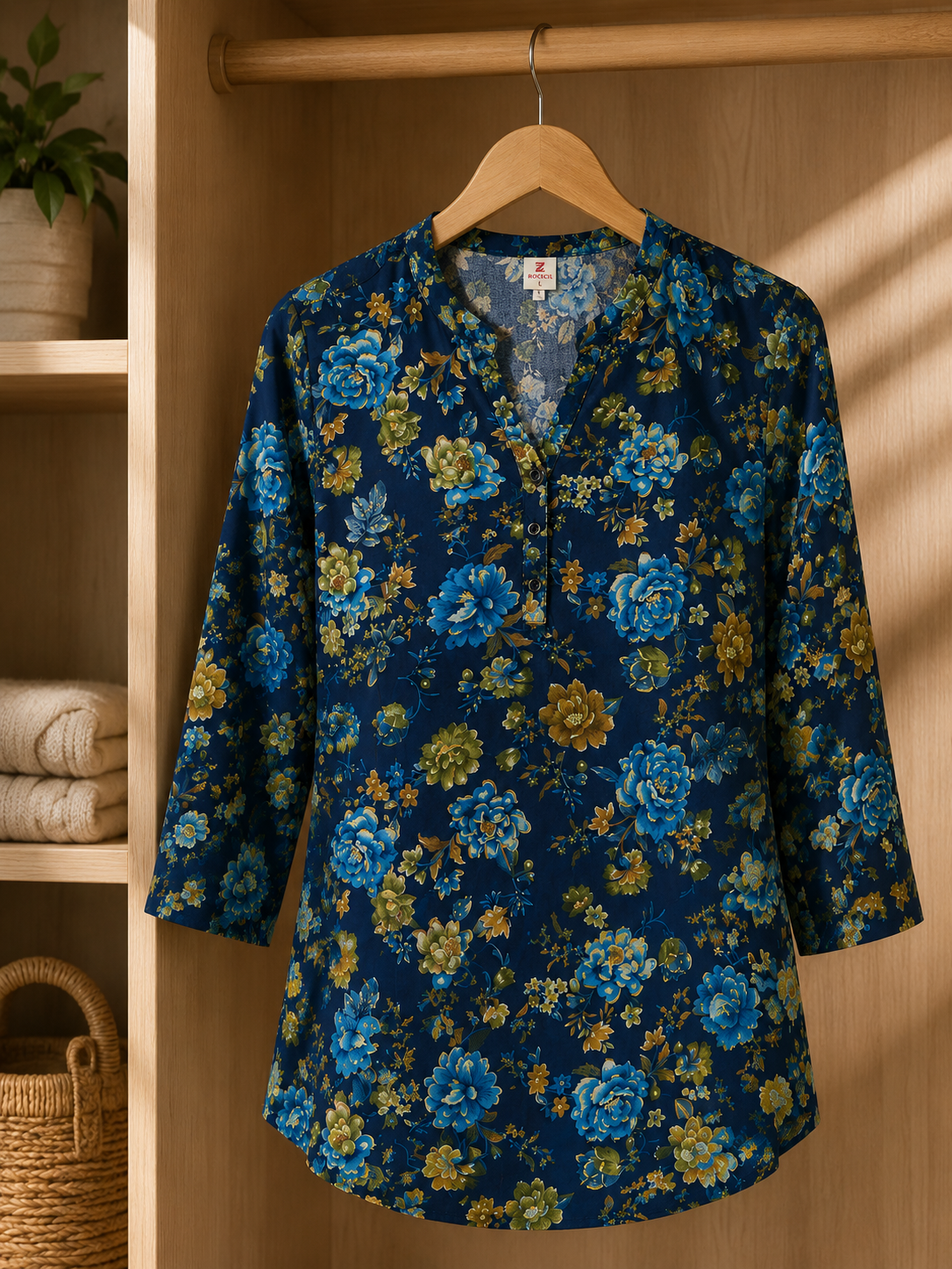 Women's Navy Blue Floral Printed Short Kurt - 27200