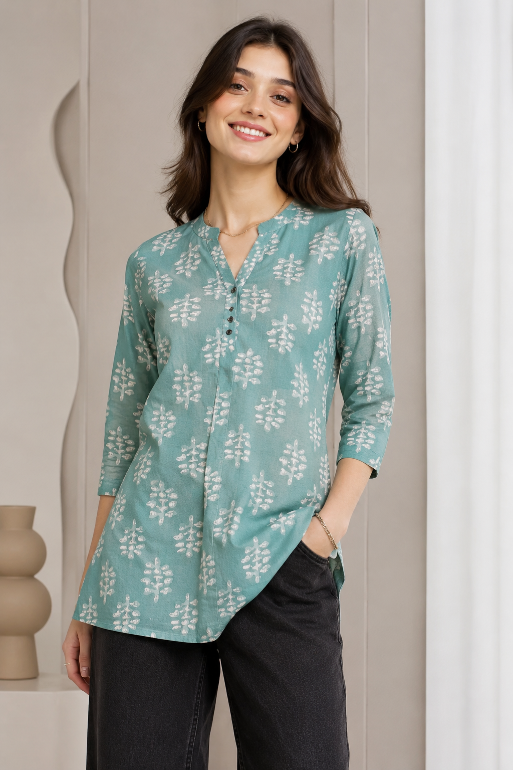 Women's Sea Green Block Printed Short Kurti - 27201