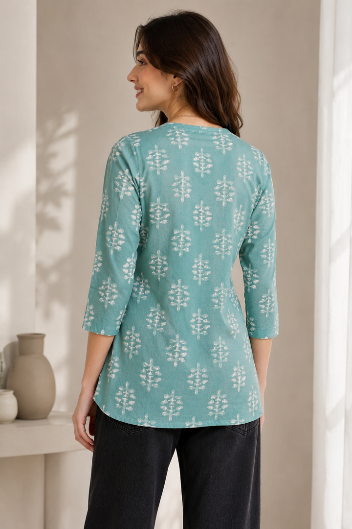Women's Sea Green Block Printed Short Kurti - 27201