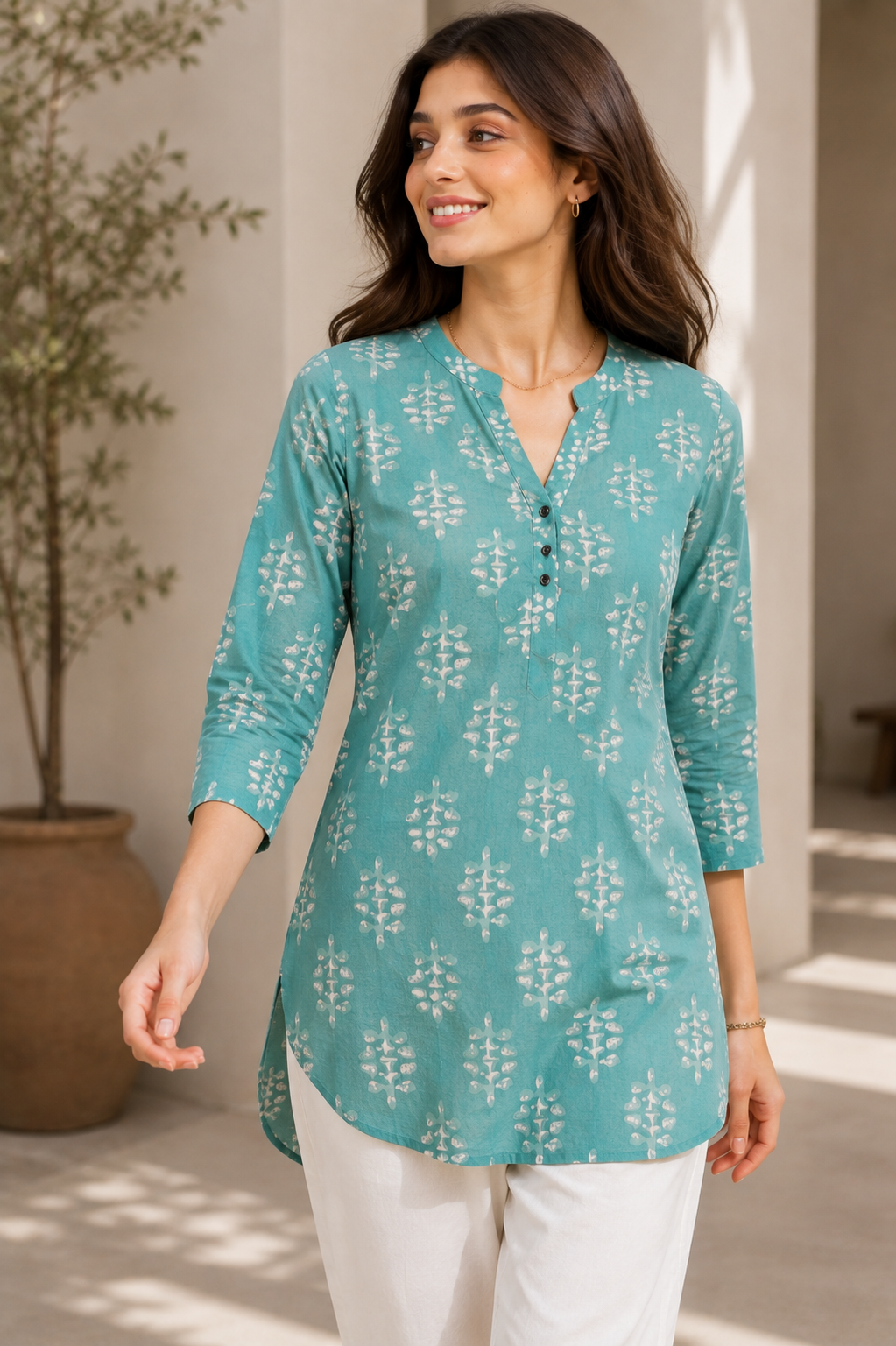 Women's Sea Green Block Printed Short Kurti - 27201