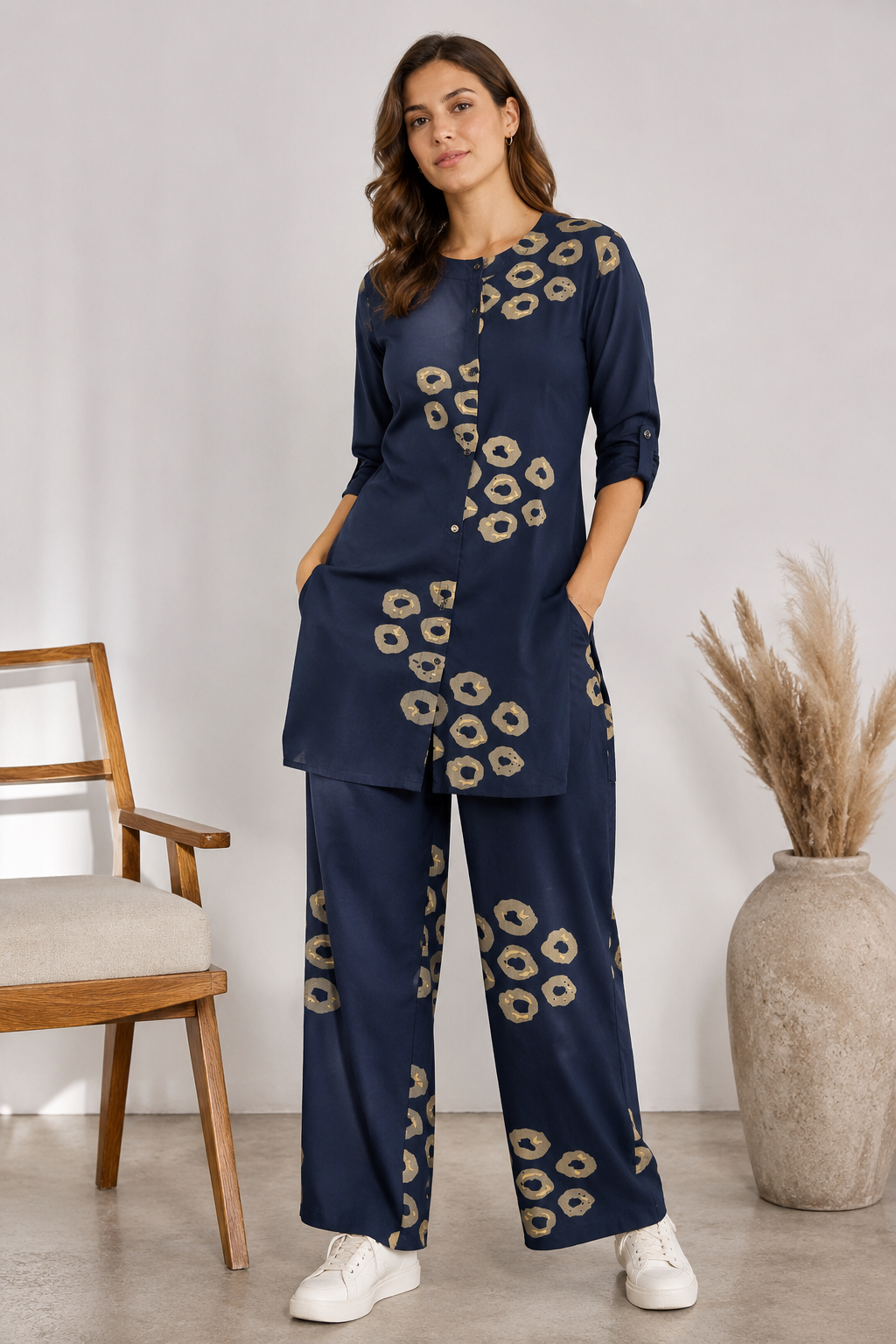 Women's Navy Blue & Beige Circular Print Co-ord Set - 27255