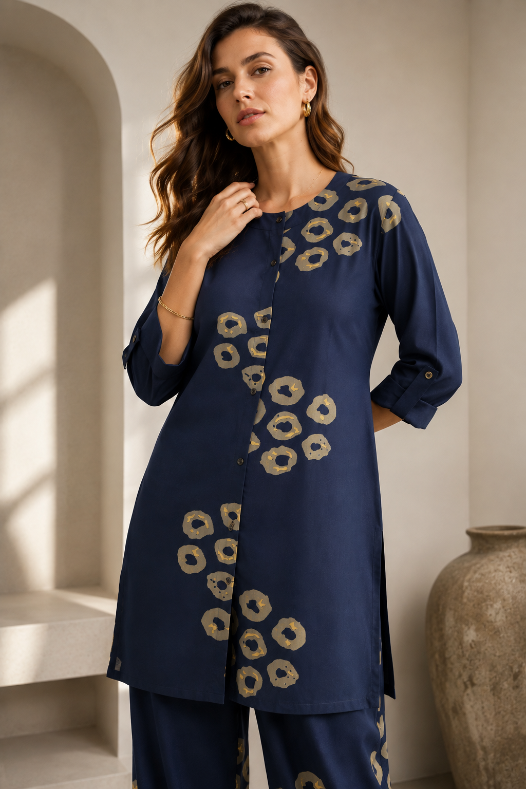 Women's Navy Blue & Beige Circular Print Co-ord Set - 27255