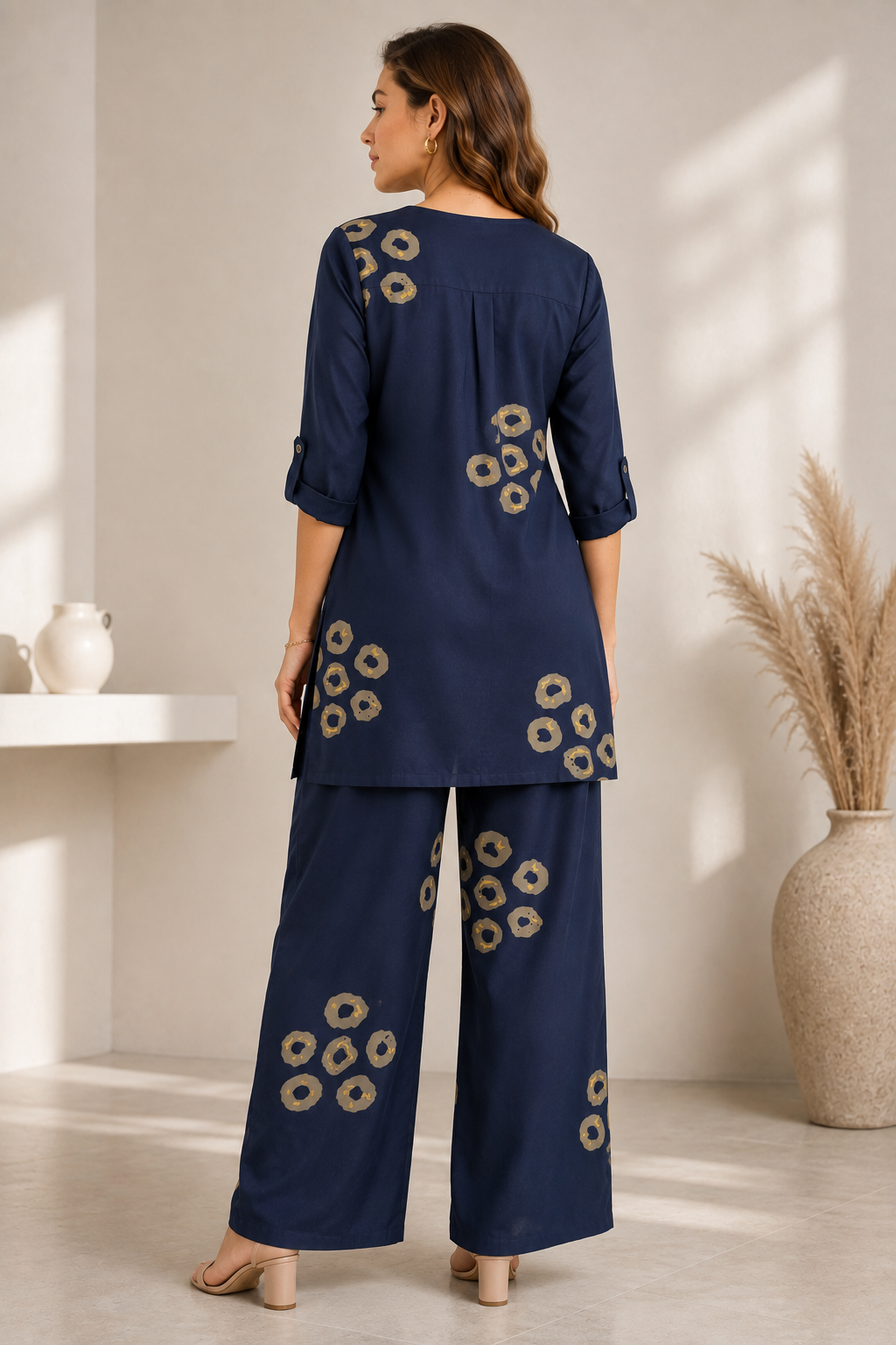 Women's Navy Blue & Beige Circular Print Co-ord Set - 27255