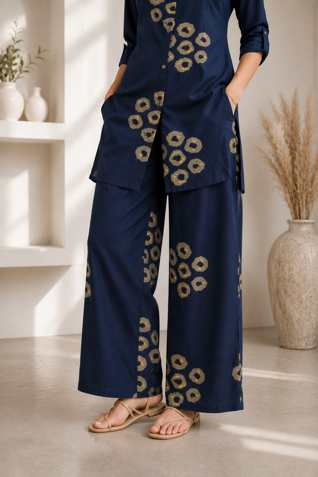 Women's Navy Blue & Beige Circular Print Co-ord Set - 27255