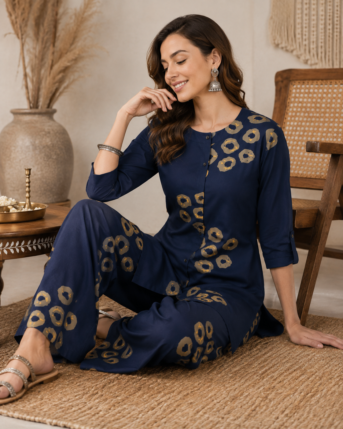 Women's Navy Blue & Beige Circular Print Co-ord Set - 27255