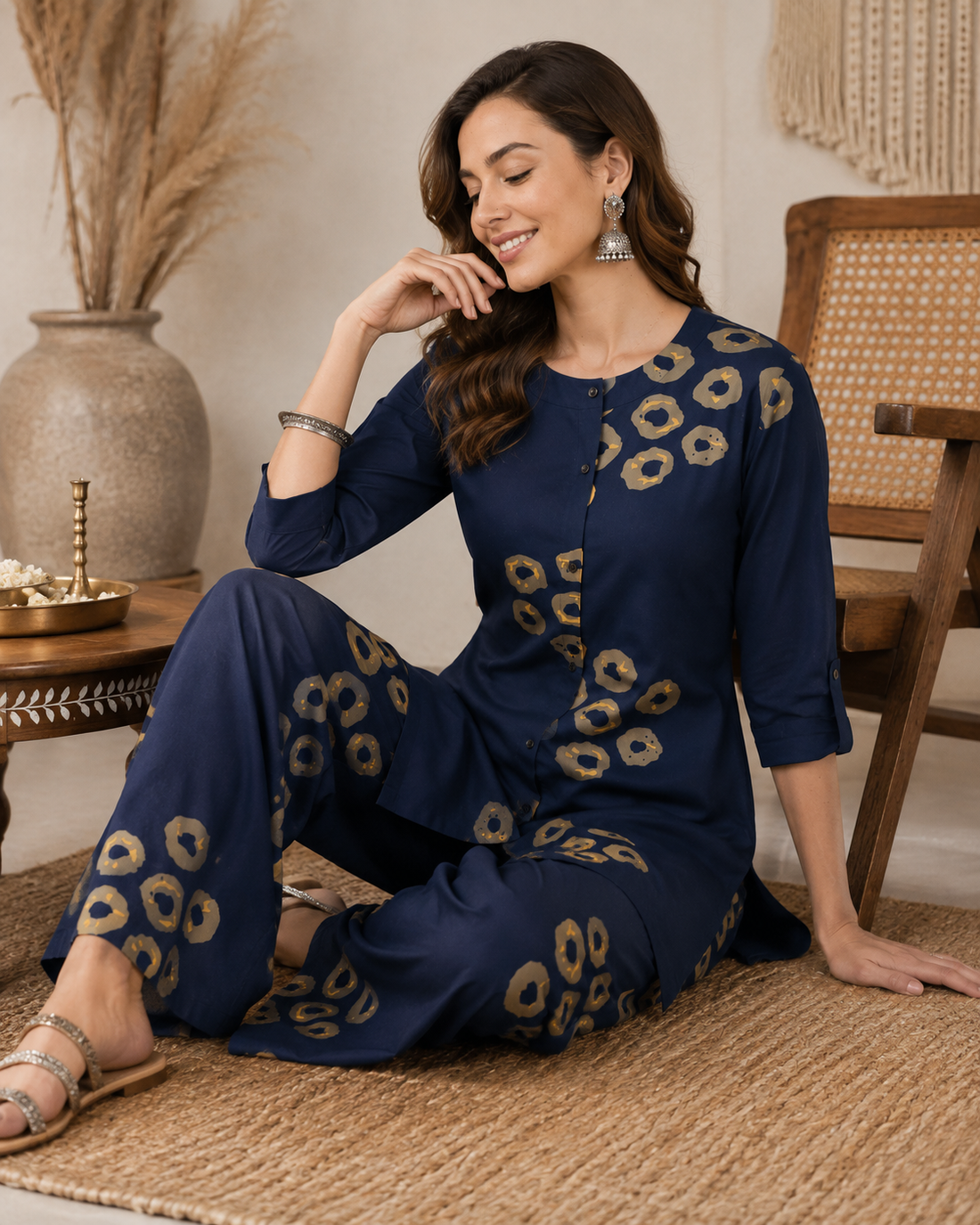 Women's Navy Blue & Beige Circular Print Co-ord Set - 27255