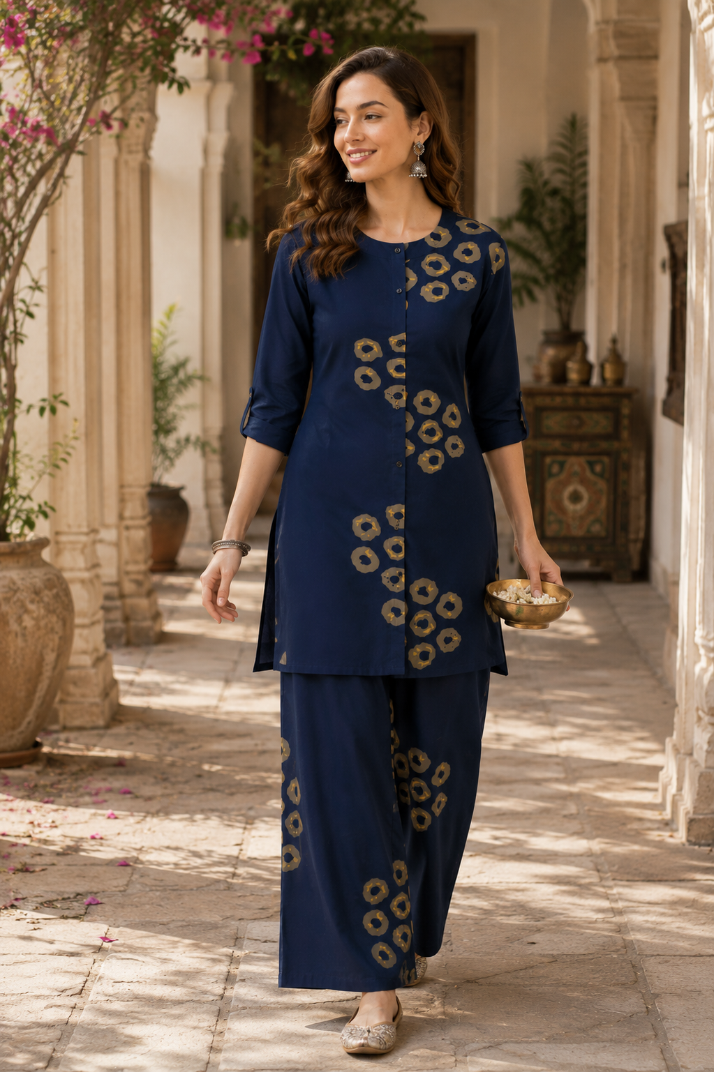 Women's Navy Blue & Beige Circular Print Co-ord Set - 27255