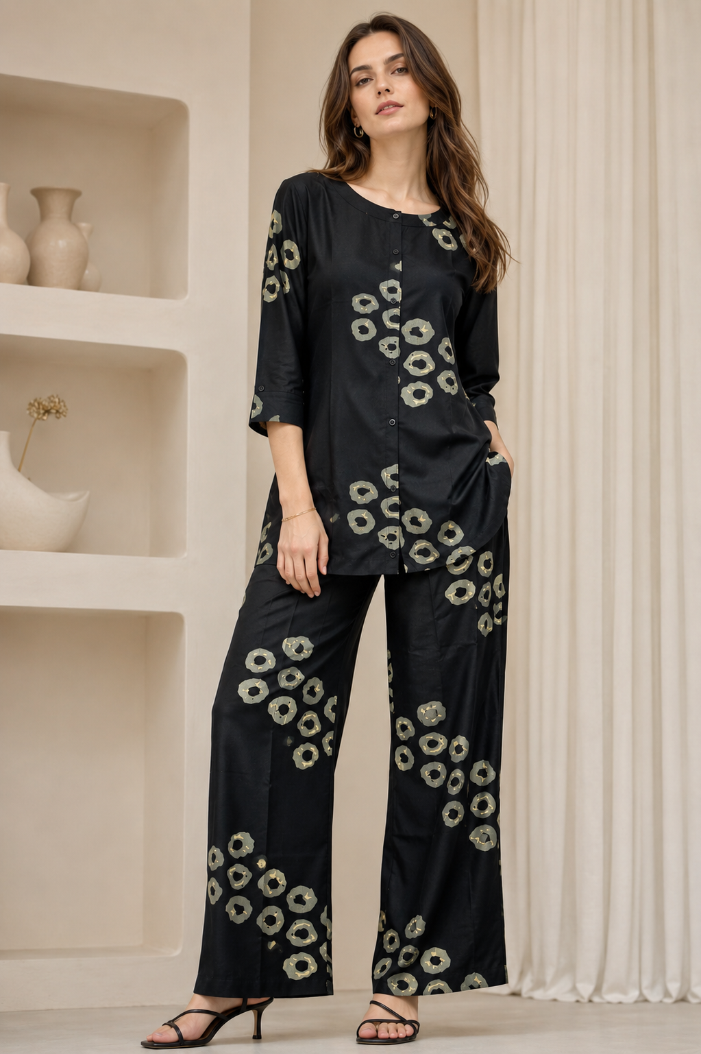Women's Black & Beige Circular Print Co-ord Set - 27254