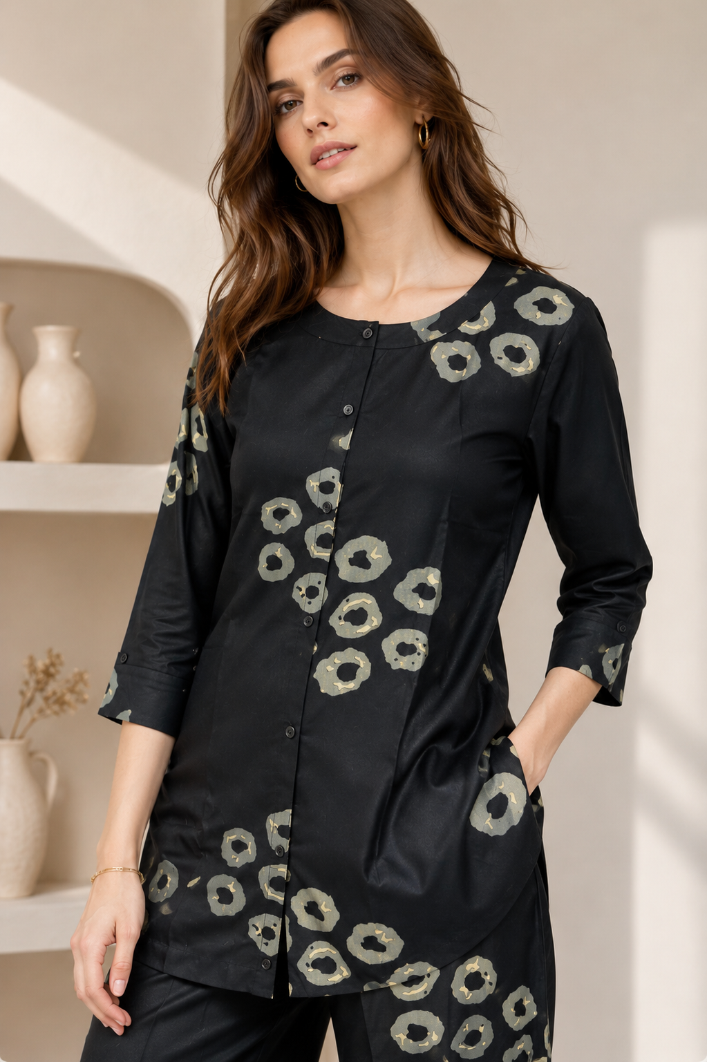 Women's Black & Beige Circular Print Co-ord Set - 27254