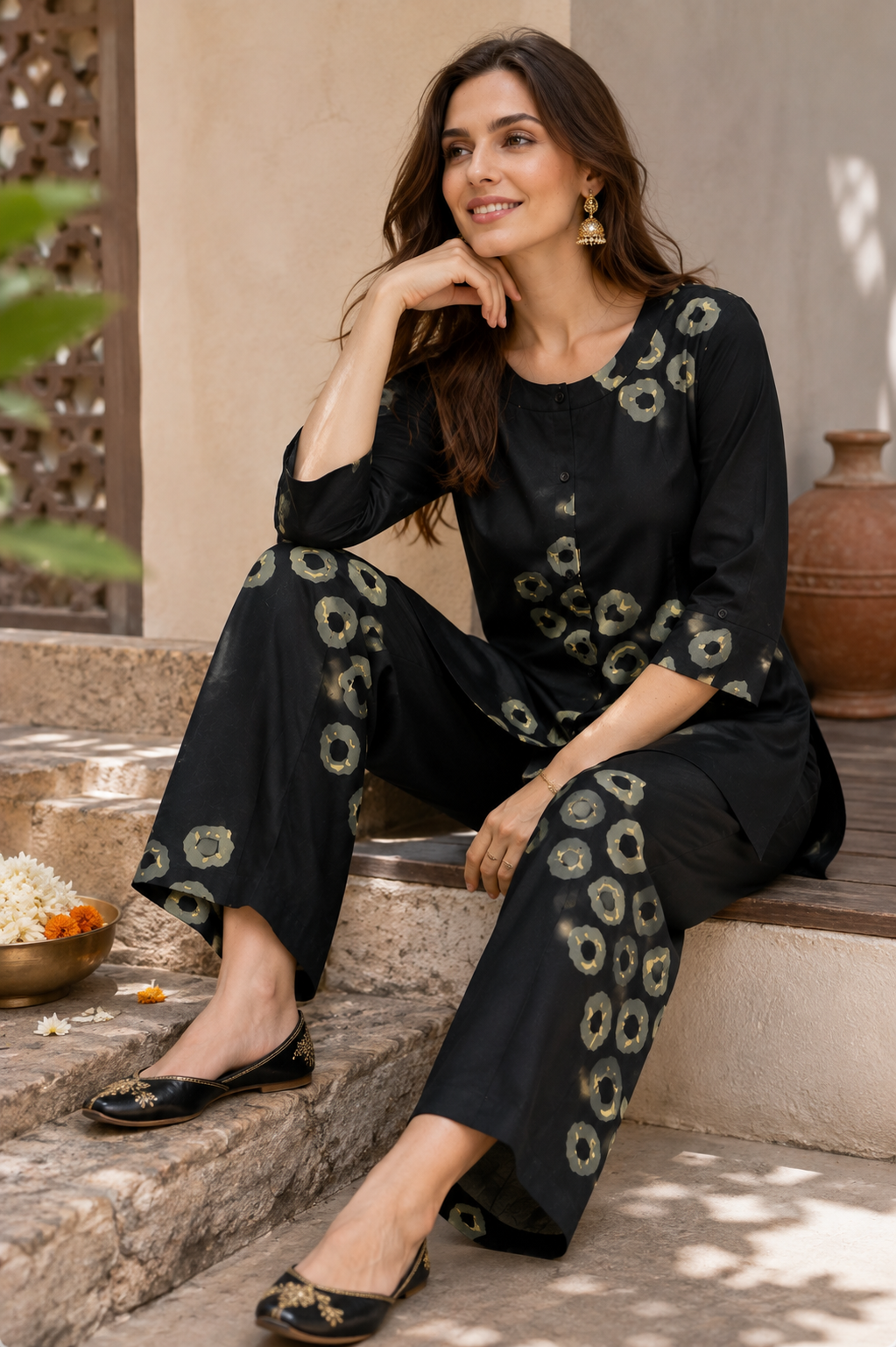 Women's Black & Beige Circular Print Co-ord Set - 27254