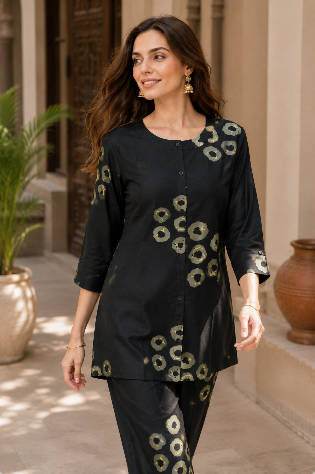 Women's Black & Beige Circular Print Co-ord Set - 27254