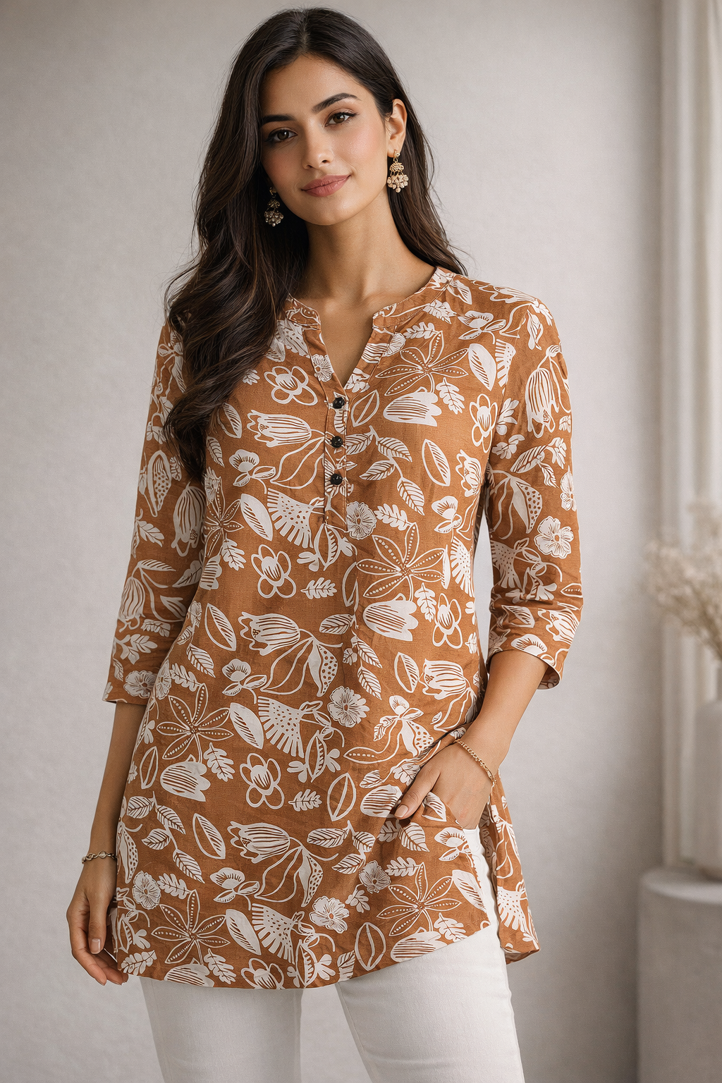 Rust Botanical Print Hip-Length Short Kurti for Women - 26019