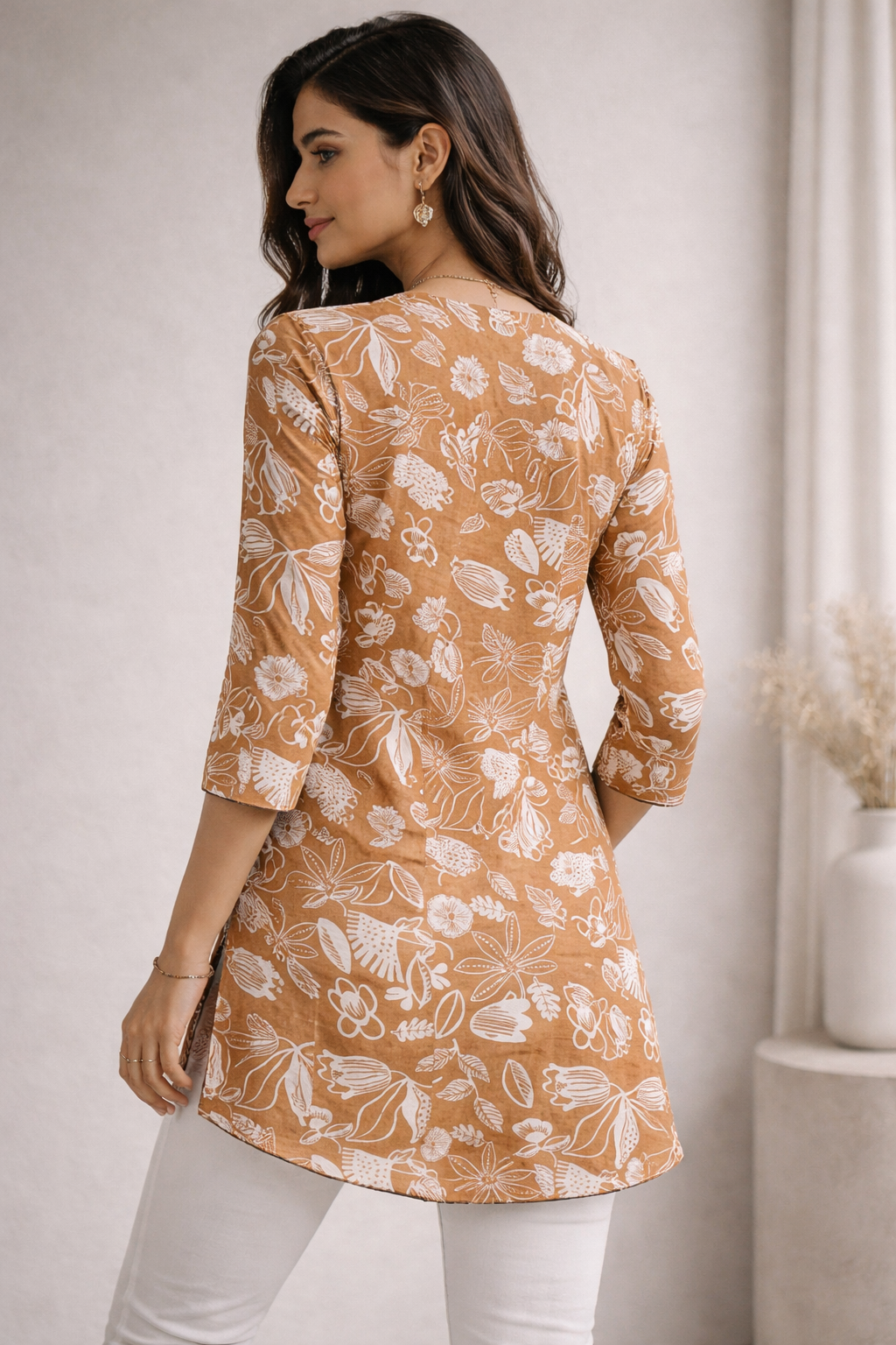 Rust Botanical Print Hip-Length Short Kurti for Women - 26019