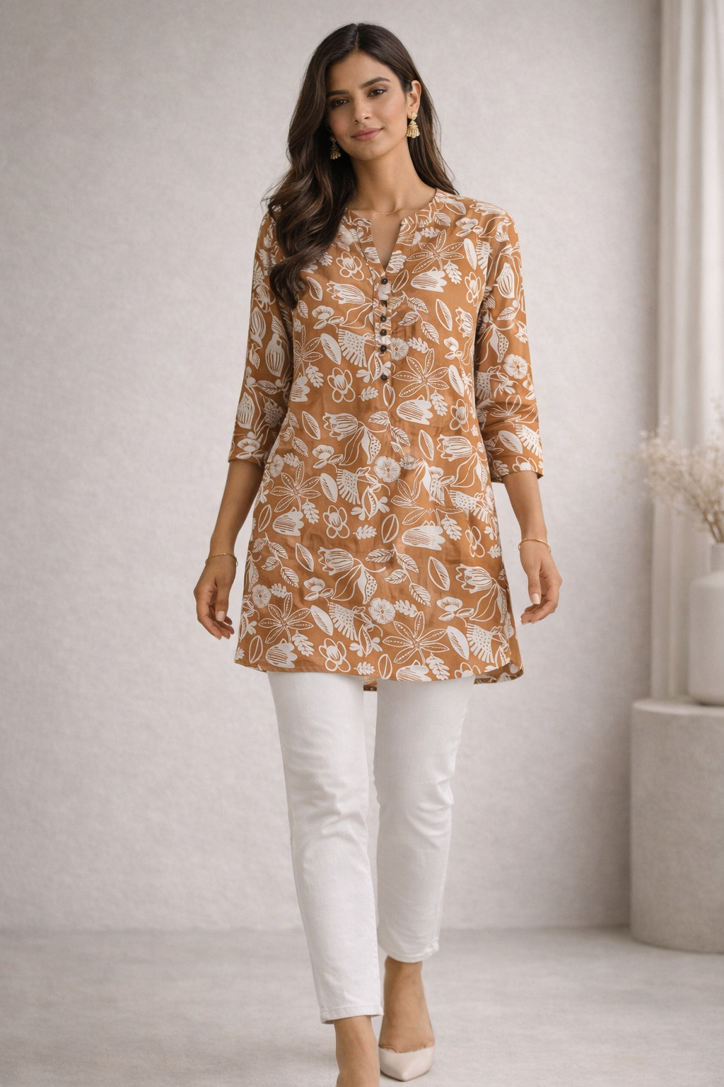 Rust Botanical Print Hip-Length Short Kurti for Women - 26019