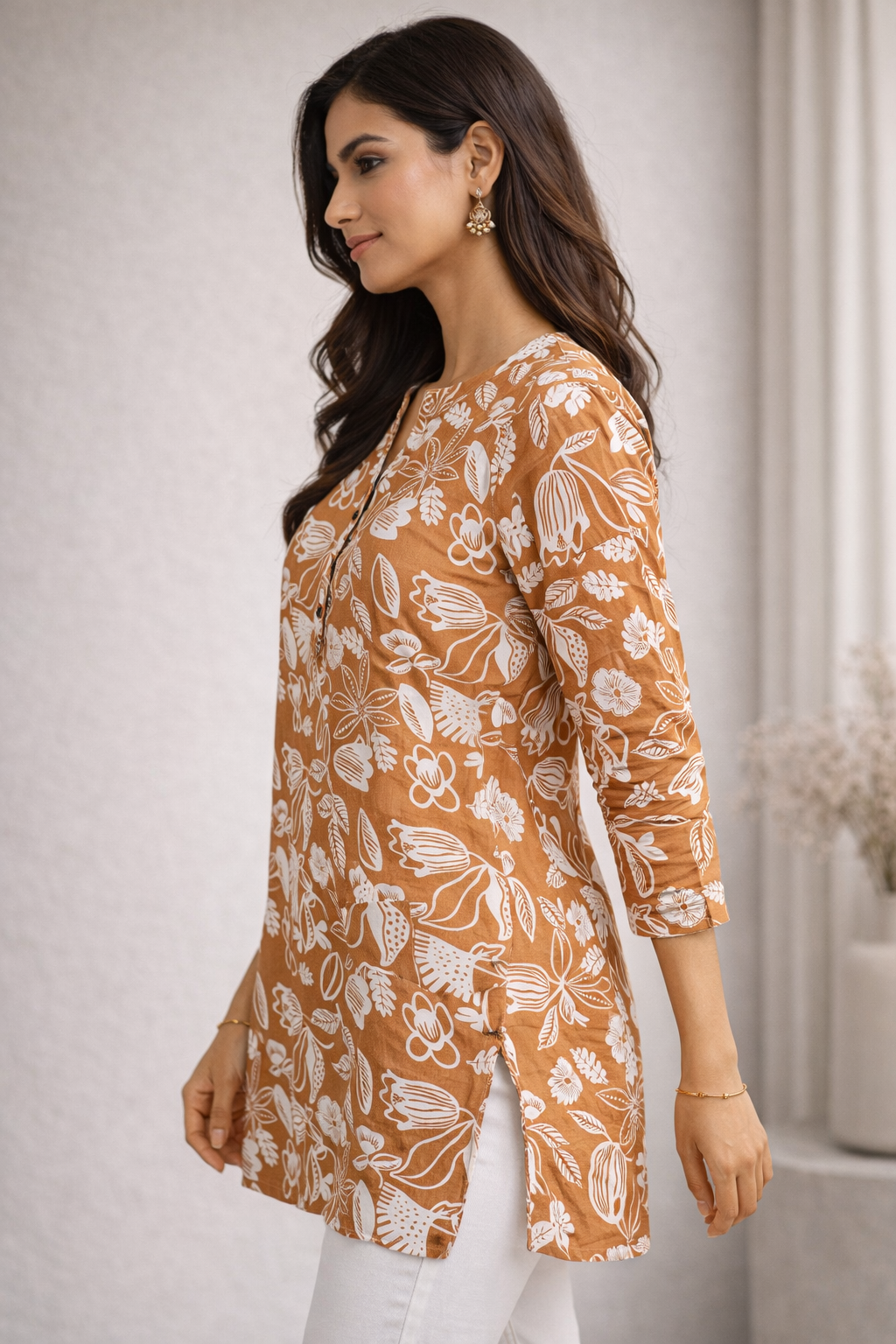 Rust Botanical Print Hip-Length Short Kurti for Women - 26019