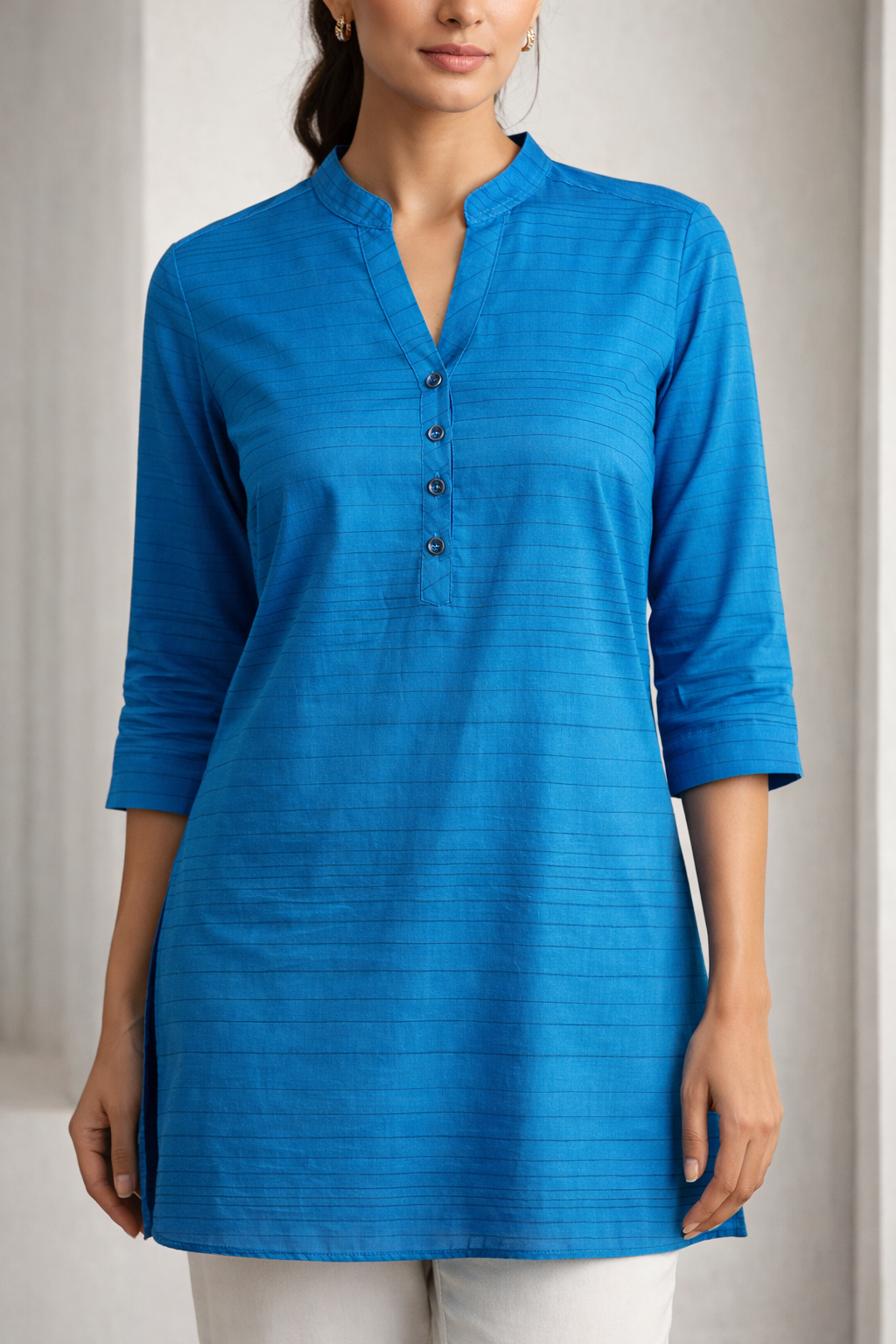 ROCCK'Z Women's Teal Blue Cotton Blend Striped Straight Kurti with Mandarin Collar - 24159