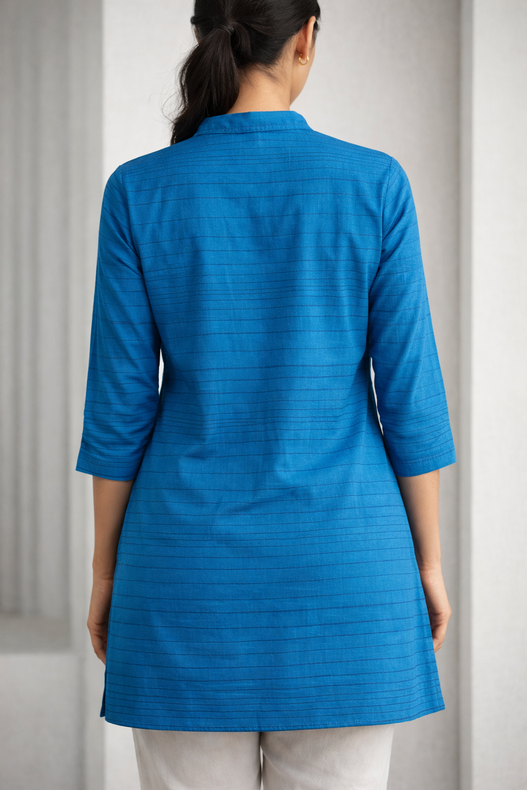 ROCCK'Z Women's Teal Blue Cotton Blend Striped Straight Kurti with Mandarin Collar - 24159
