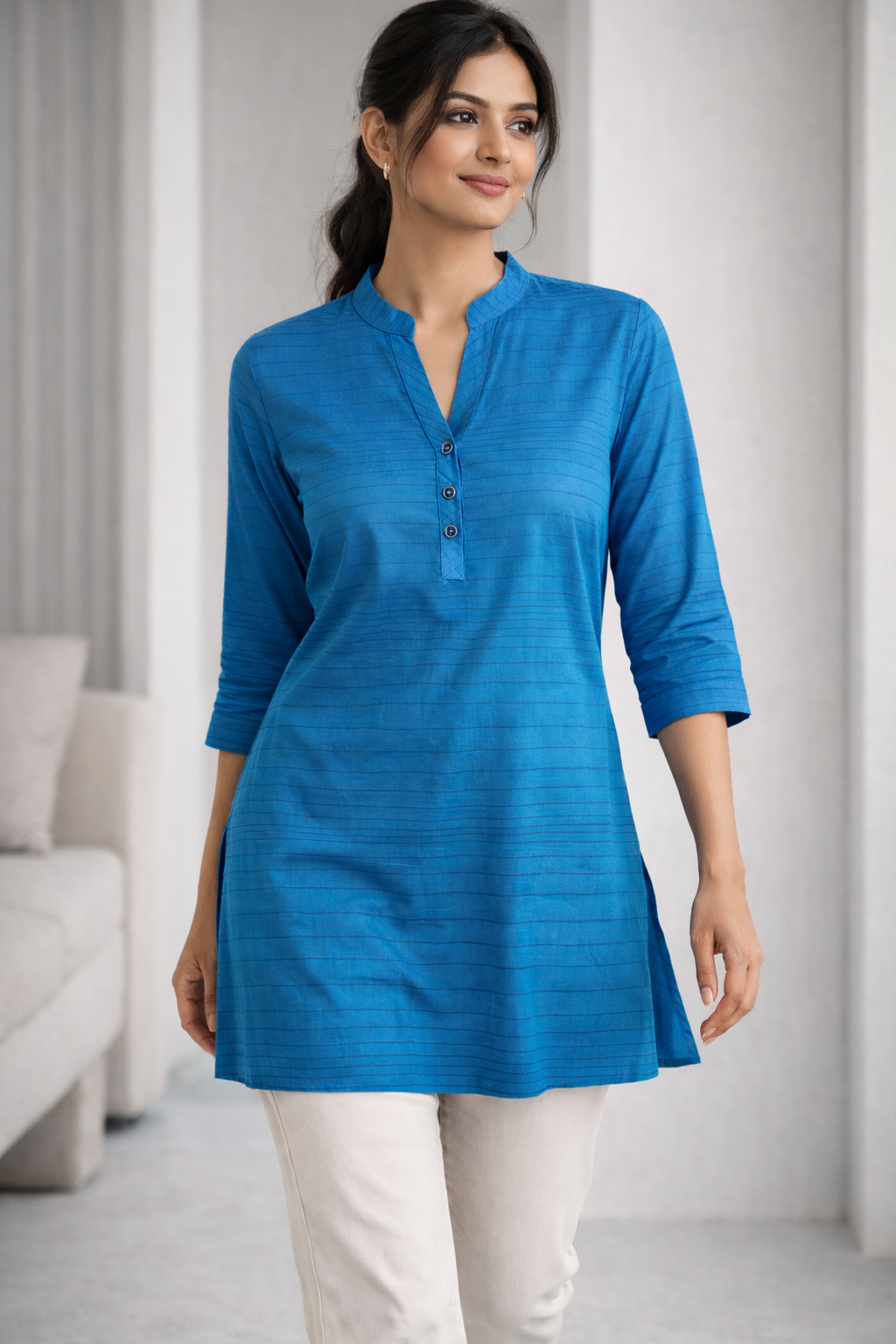 ROCCK'Z Women's Teal Blue Cotton Blend Striped Straight Kurti with Mandarin Collar - 24159