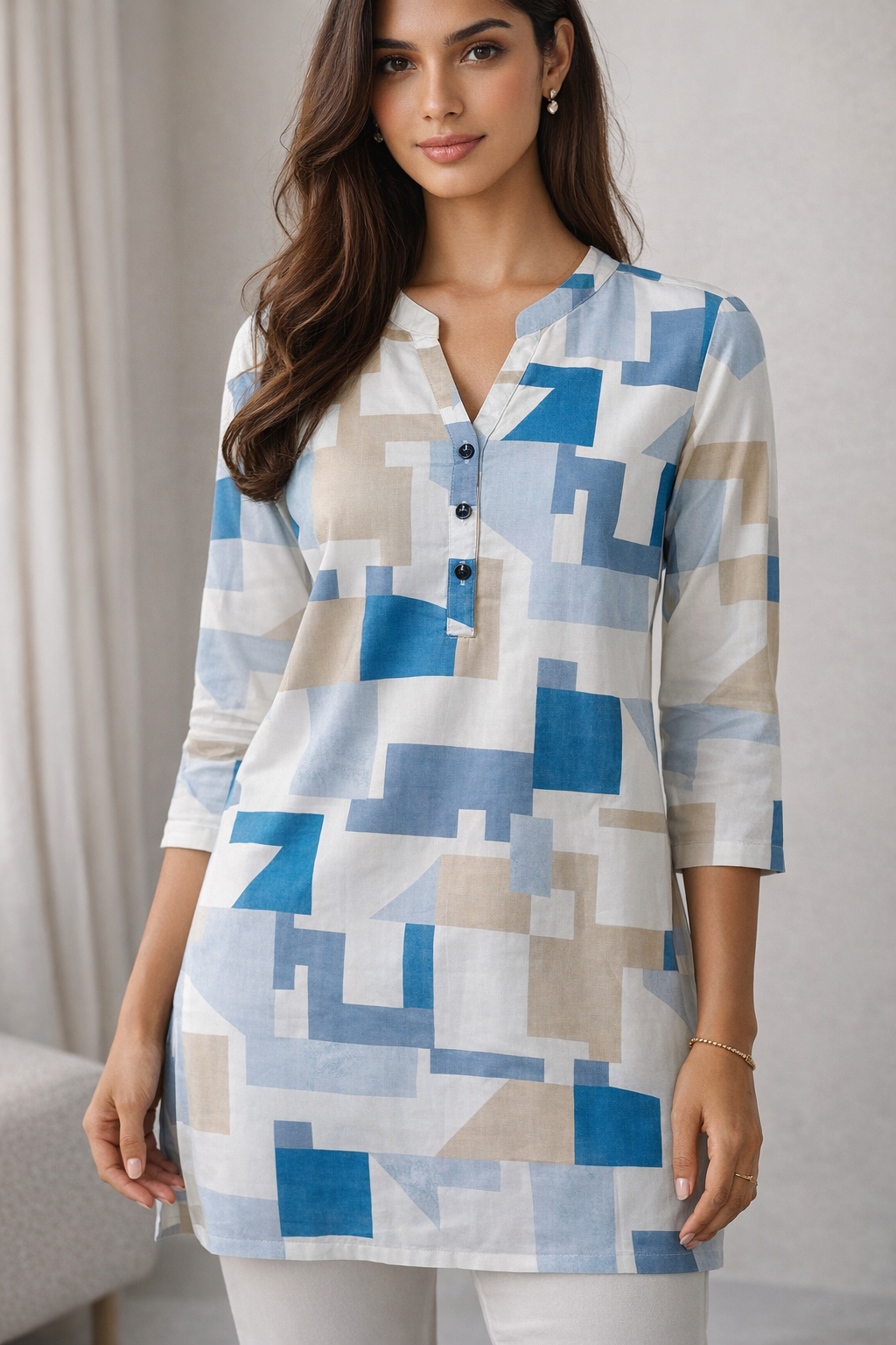 Women’s Geometric Abstract Print Kurti | Blue & Grey Multi-Pattern Cotton Tunic - 26216