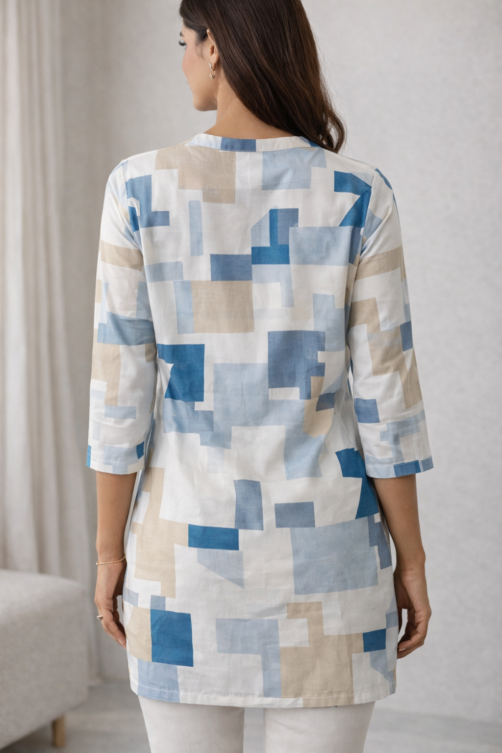 Women’s Geometric Abstract Print Kurti | Blue & Grey Multi-Pattern Cotton Tunic - 26216