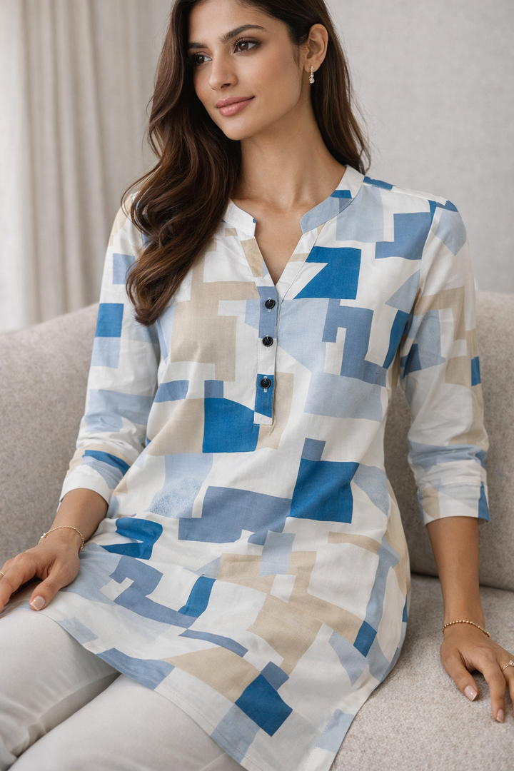 Women’s Geometric Abstract Print Kurti | Blue & Grey Multi-Pattern Cotton Tunic - 26216