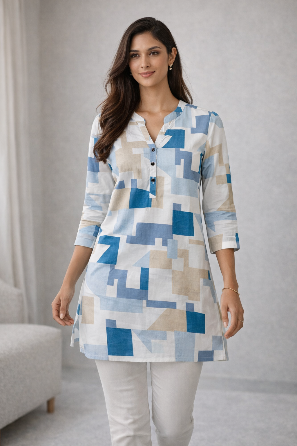 Women’s Geometric Abstract Print Kurti | Blue & Grey Multi-Pattern Cotton Tunic - 26216