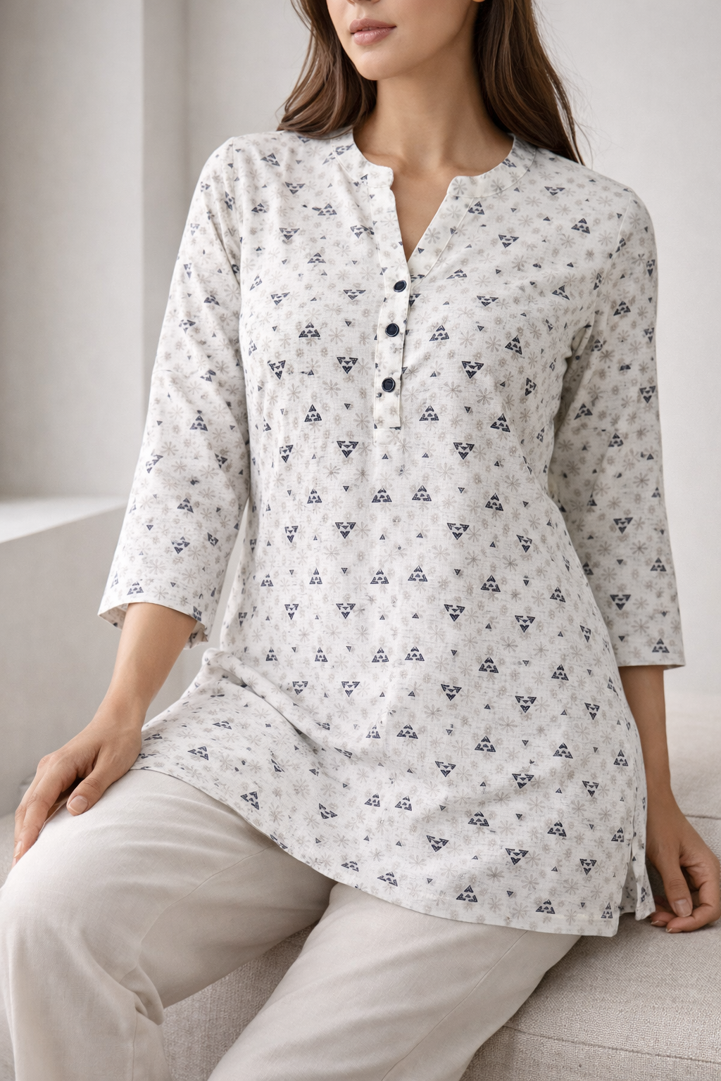 Women’s Blue & Grey Geometric Abstract Print Kurti - 24223