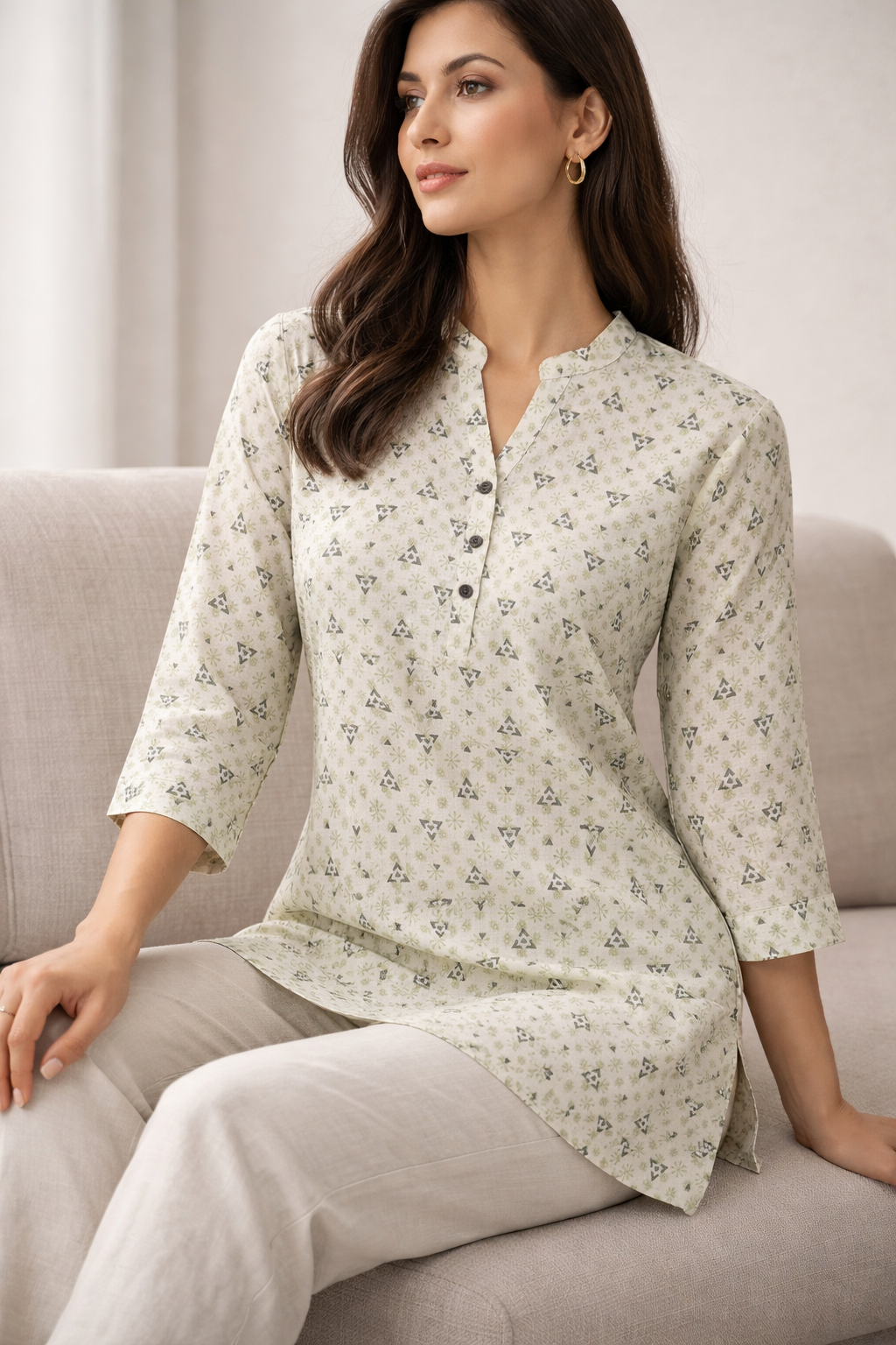 Women’s Blue & Beige Geometric Abstract Print Kurti - 24222