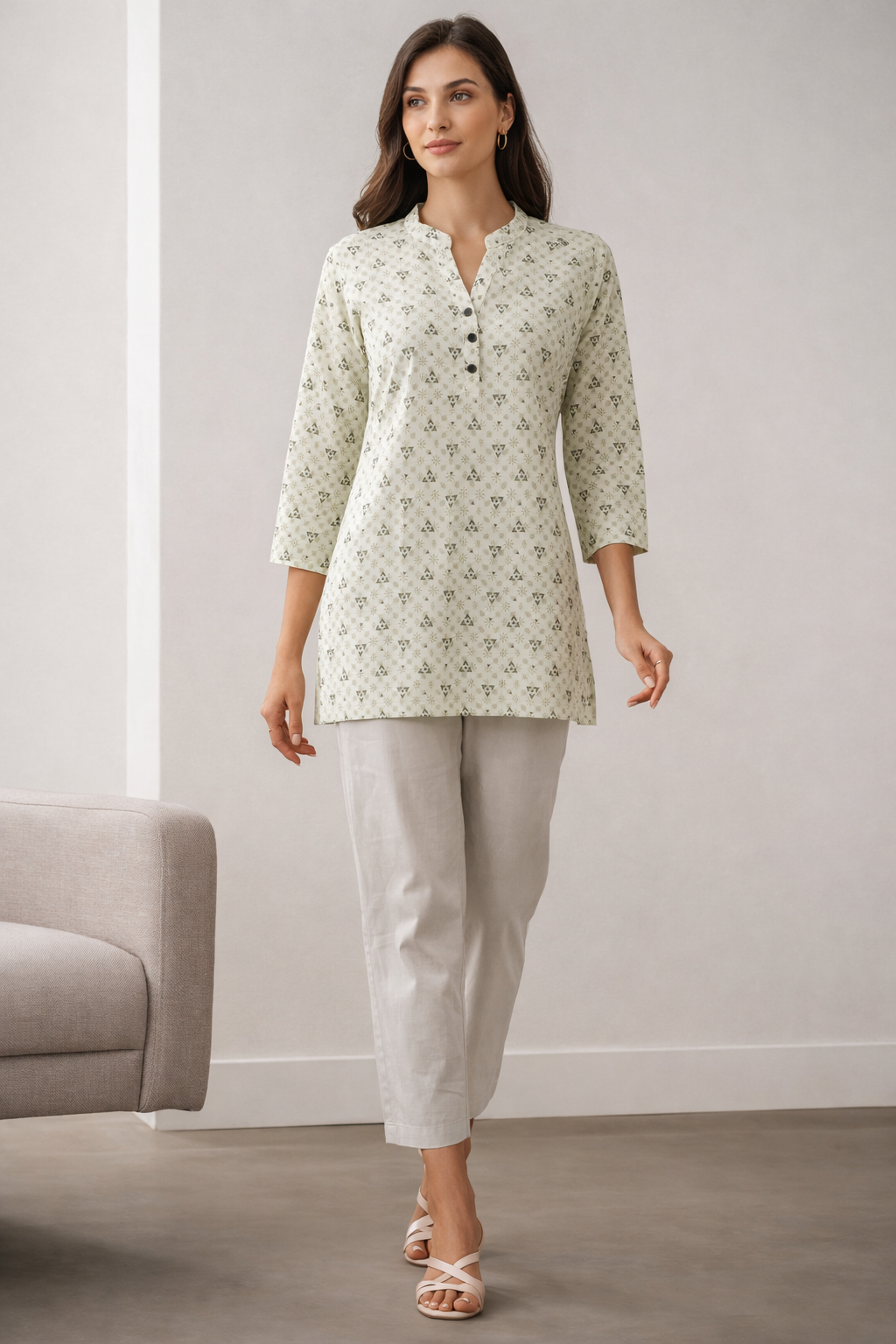 Women’s Blue & Beige Geometric Abstract Print Kurti - 24222