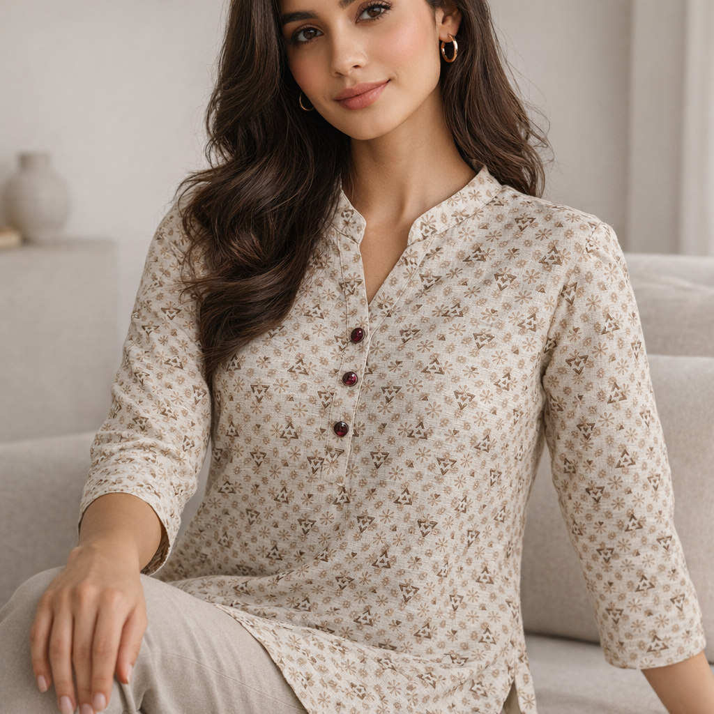 Women’s Multi-Blue & Beige Geometric Abstract Print Kurti - 24225