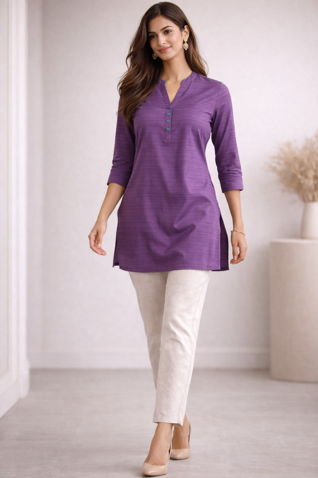 Women's Plum Purple Striped Cotton Kurti - 24163