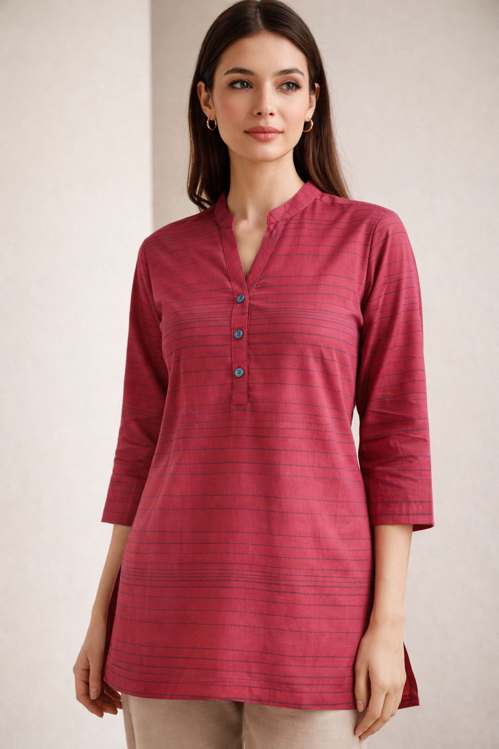 Women's Coral Pink Striped Cotton Kurti - 24161