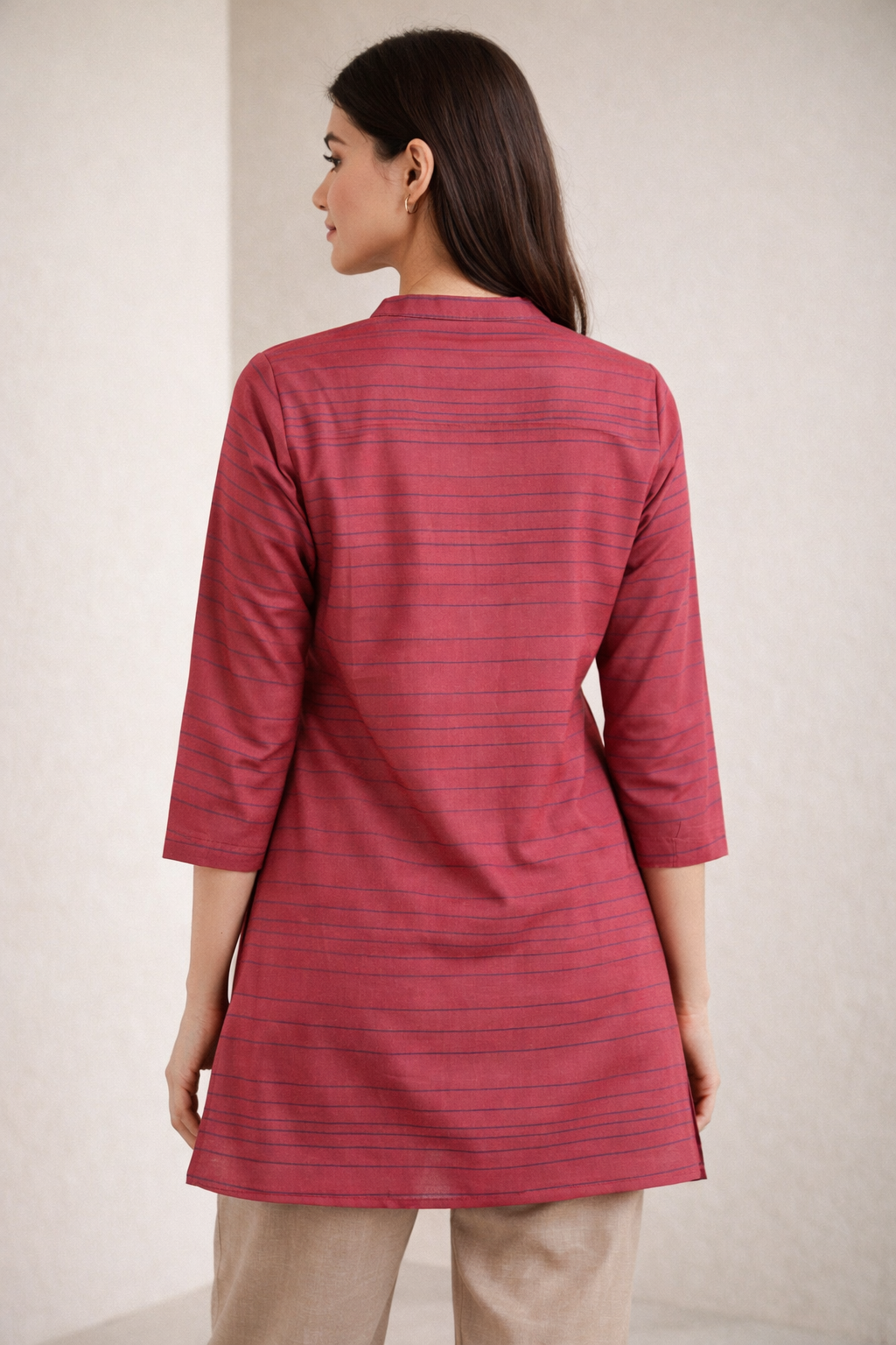 Women's Coral Pink Striped Cotton Kurti - 24161