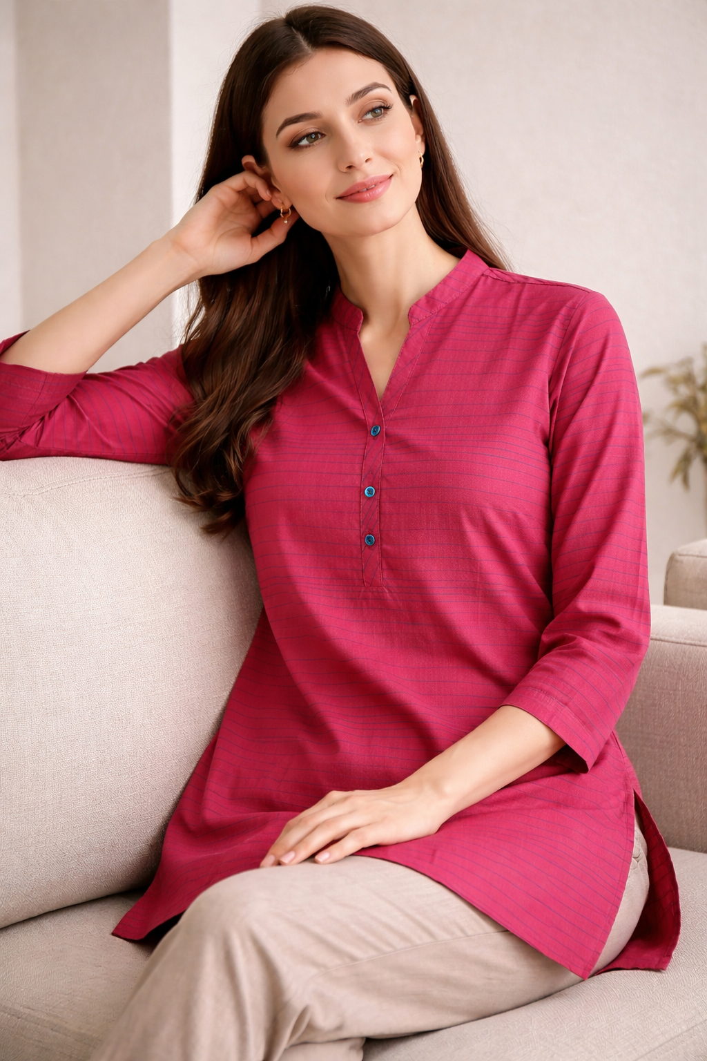 Women's Coral Pink Striped Cotton Kurti - 24161