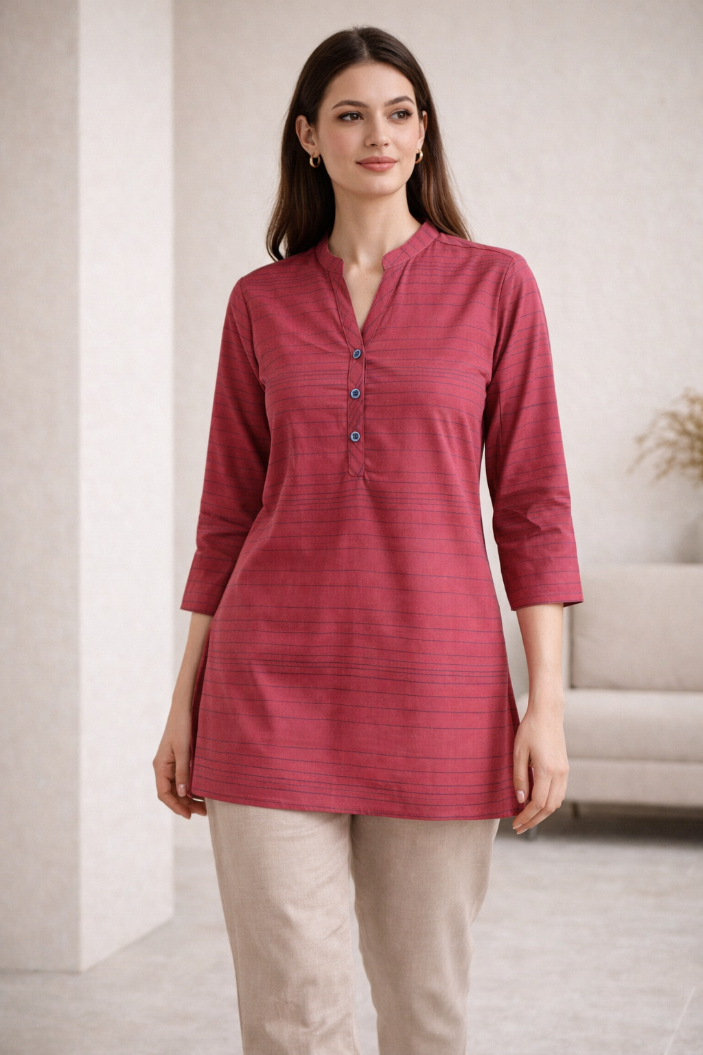 Women's Coral Pink Striped Cotton Kurti - 24161
