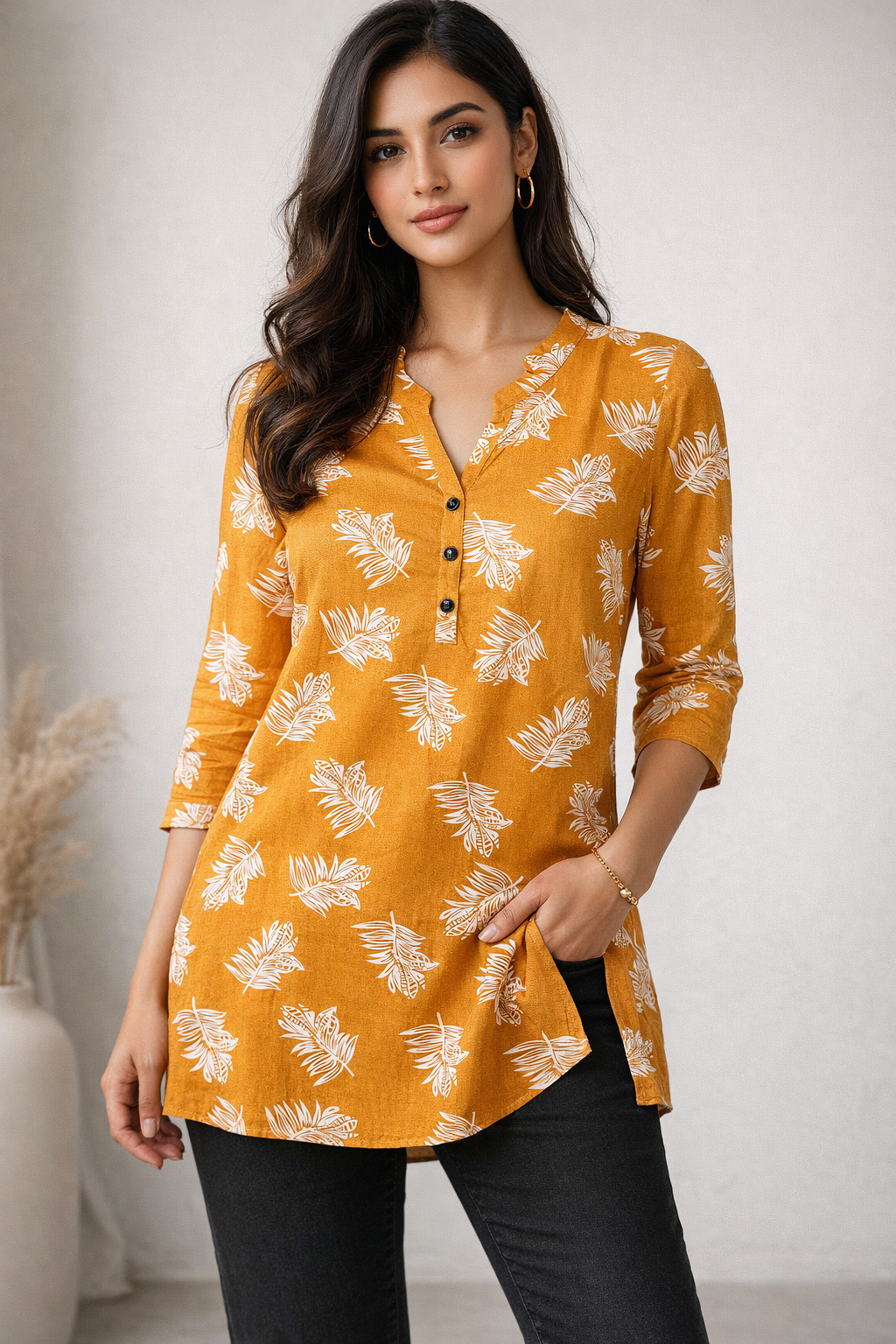Women’s Mustard Yellow & White Leaf Print Cotton Kurti - 26004