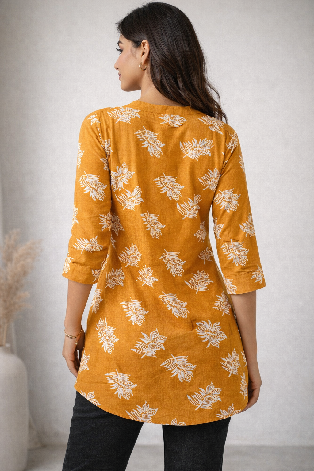 Women’s Mustard Yellow & White Leaf Print Cotton Kurti - 26004