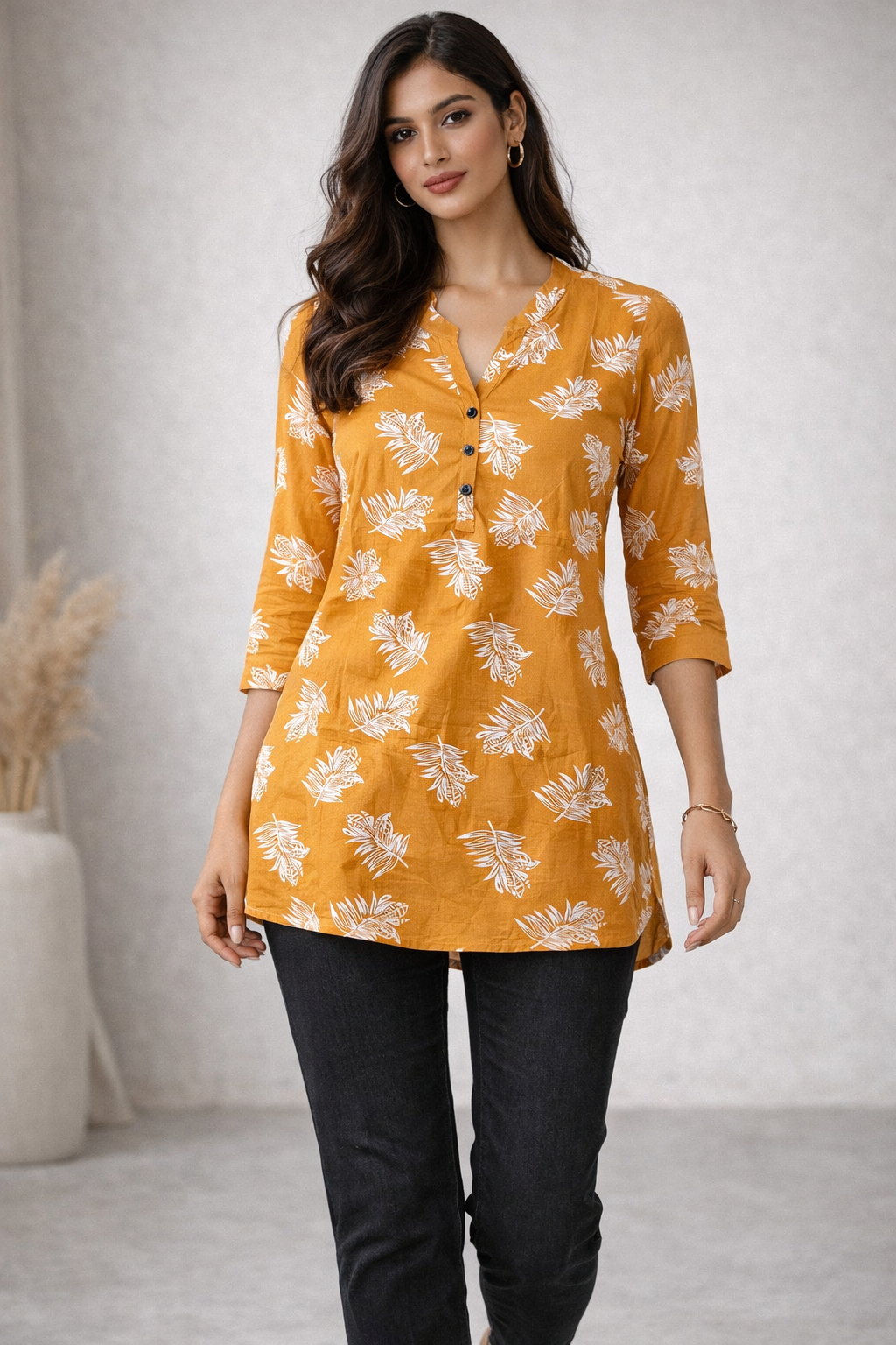 Women’s Mustard Yellow & White Leaf Print Cotton Kurti - 26004