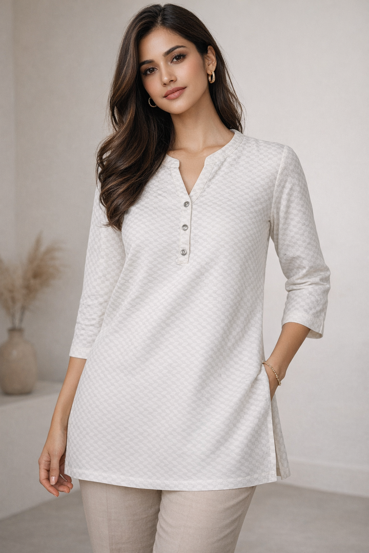 Women’s Textured Geometric Kurti – Elegant Self-Design V-Neck Tunic in Pristine White - 25255