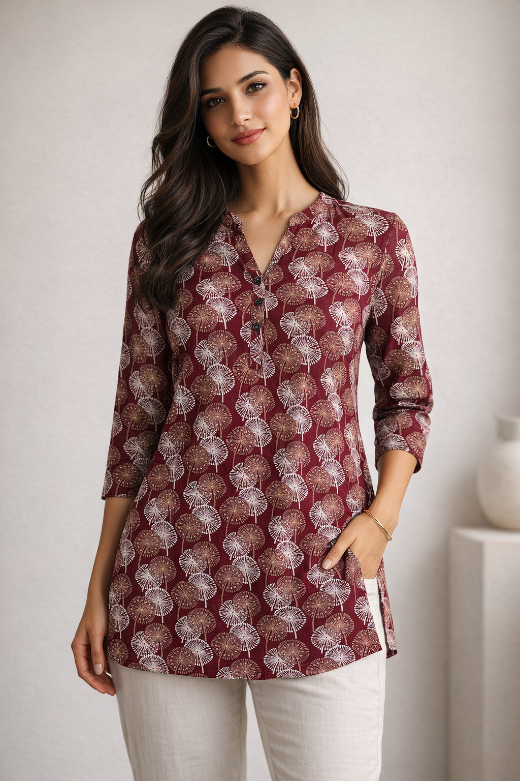 Maroon Dandelion Print Short Kurti - 26061