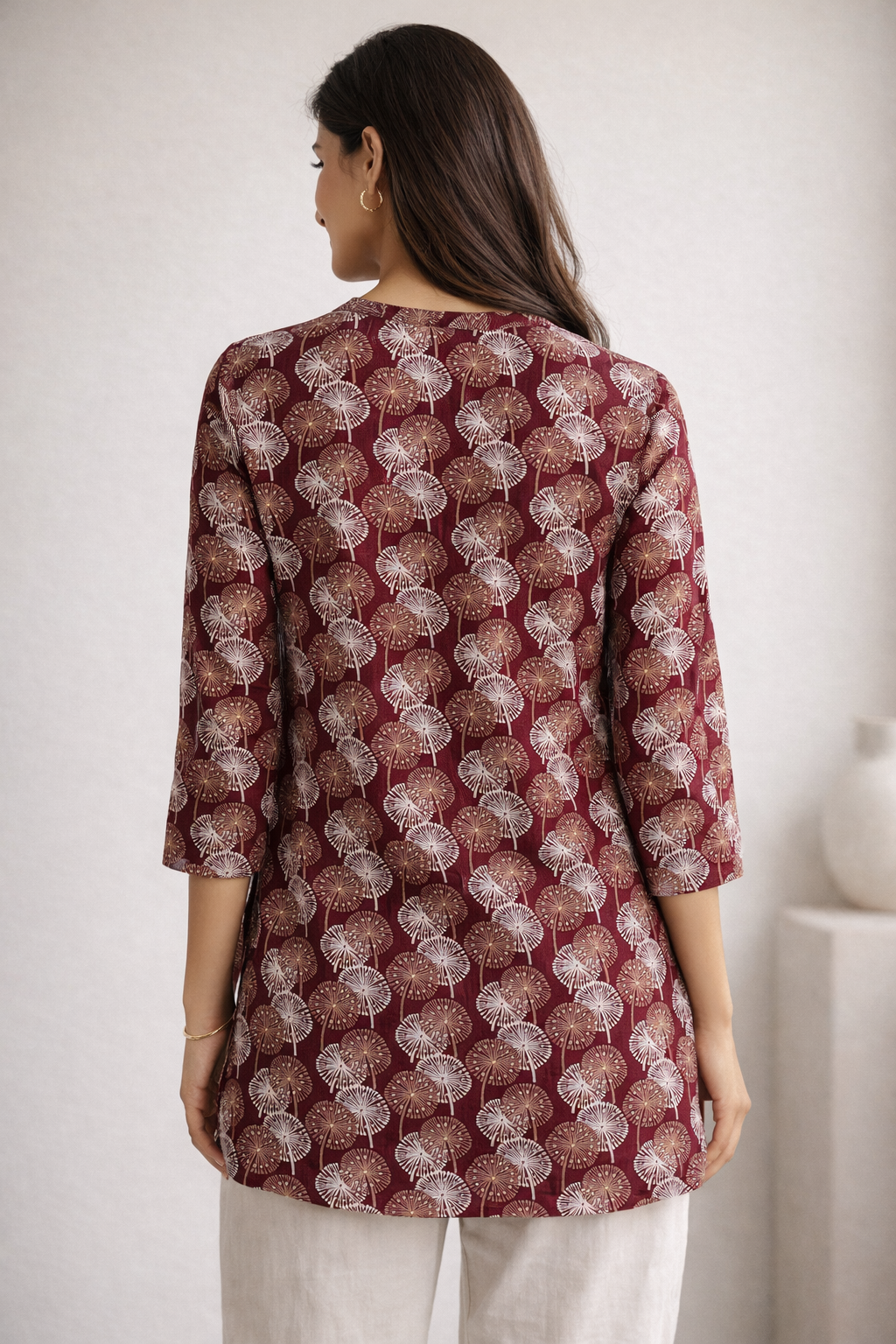 Maroon Dandelion Print Short Kurti - 26061