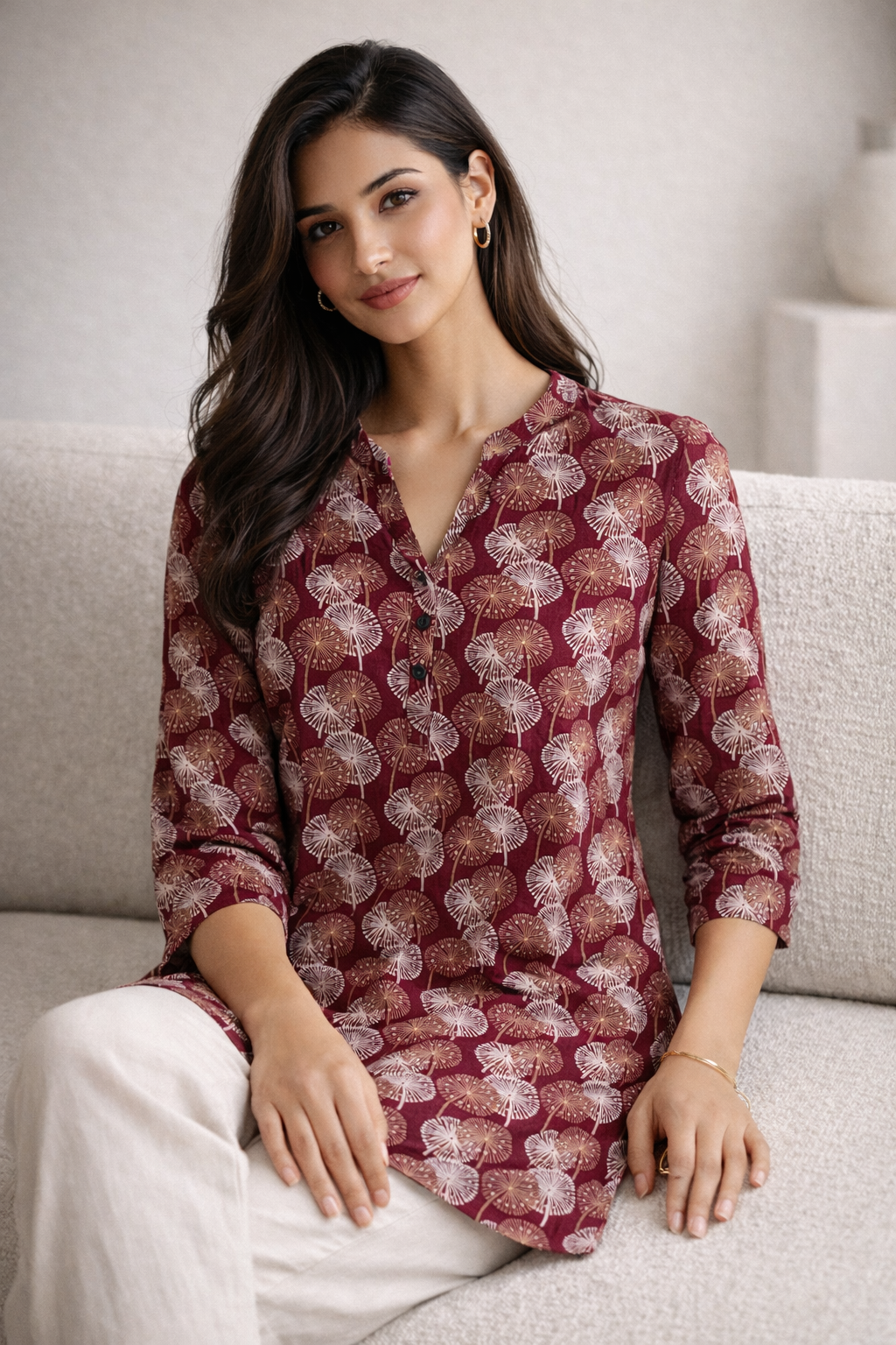 Maroon Dandelion Print Short Kurti - 26061