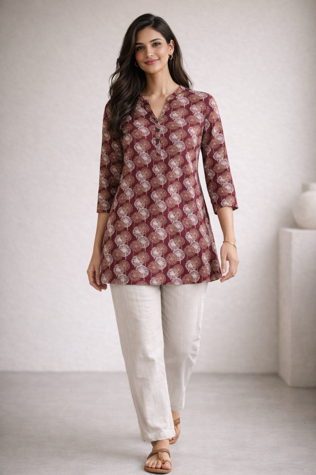 Maroon Dandelion Print Short Kurti - 26061