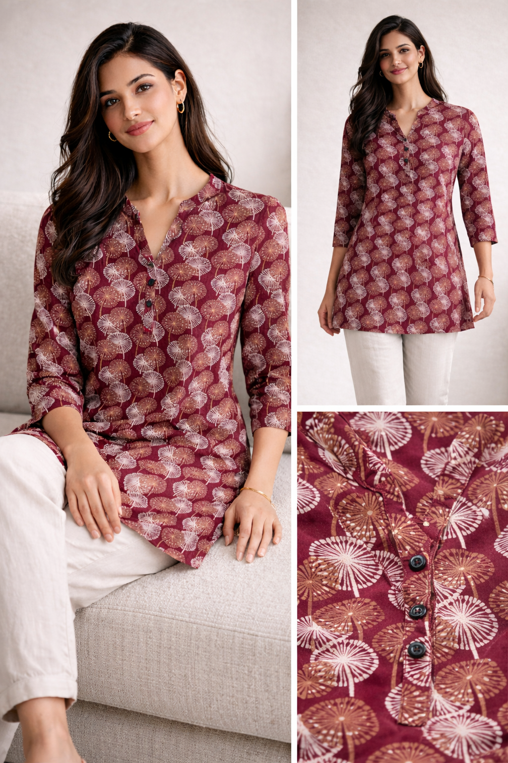 Maroon Dandelion Print Short Kurti - 26061