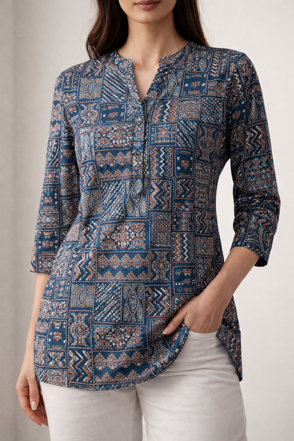 Teal Geometric Block Print Short Kurti for Women - 25204