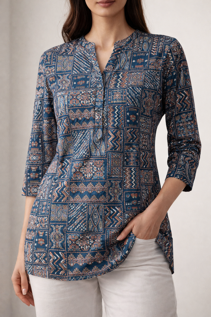 Teal Geometric Block Print Short Kurti for Women - 25204