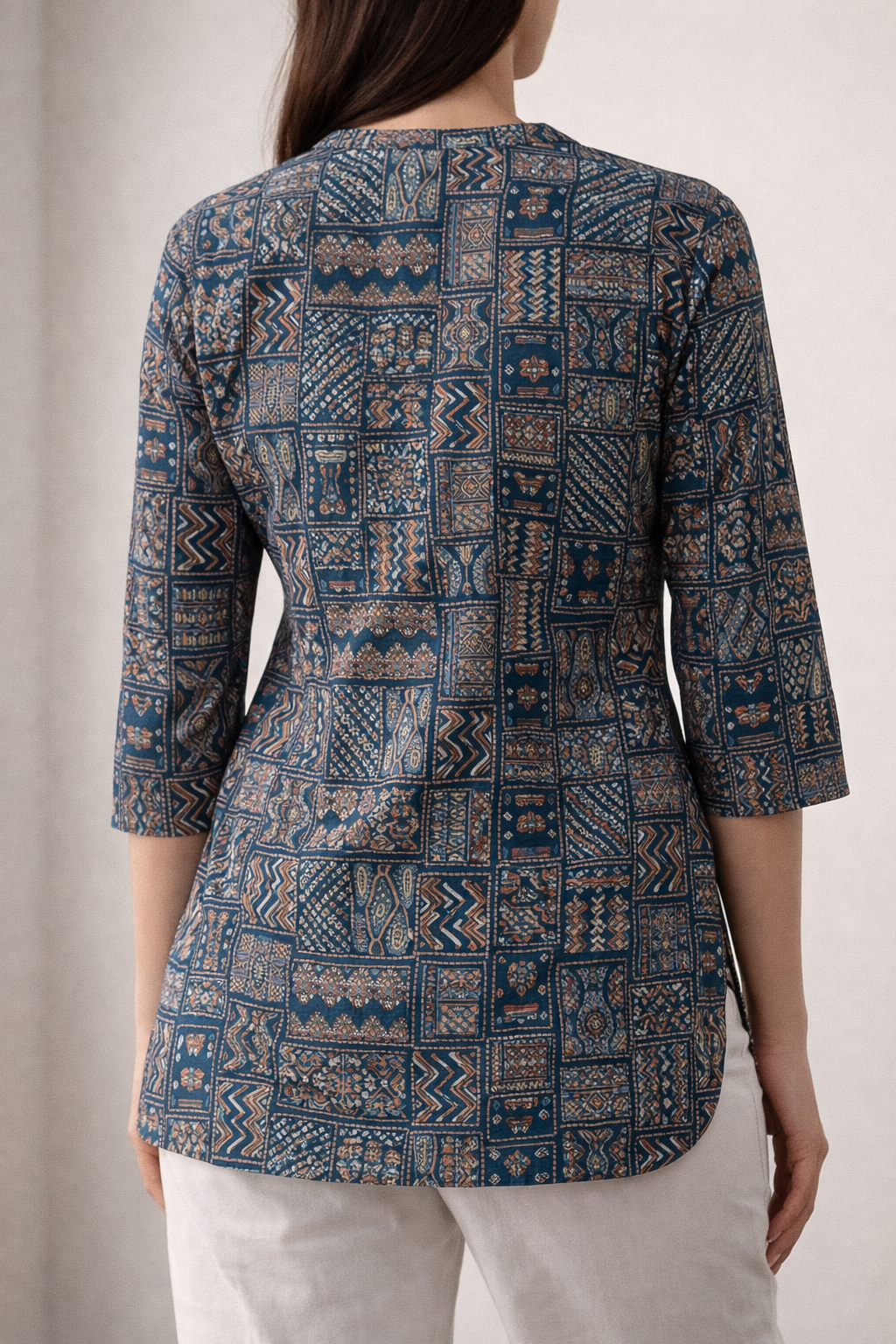 Teal Geometric Block Print Short Kurti for Women - 25204