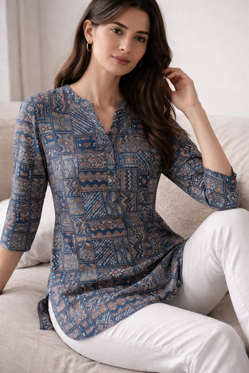 Teal Geometric Block Print Short Kurti for Women - 25204