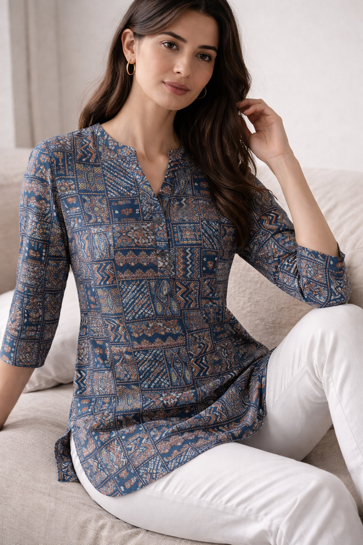 Teal Geometric Block Print Short Kurti for Women - 25204